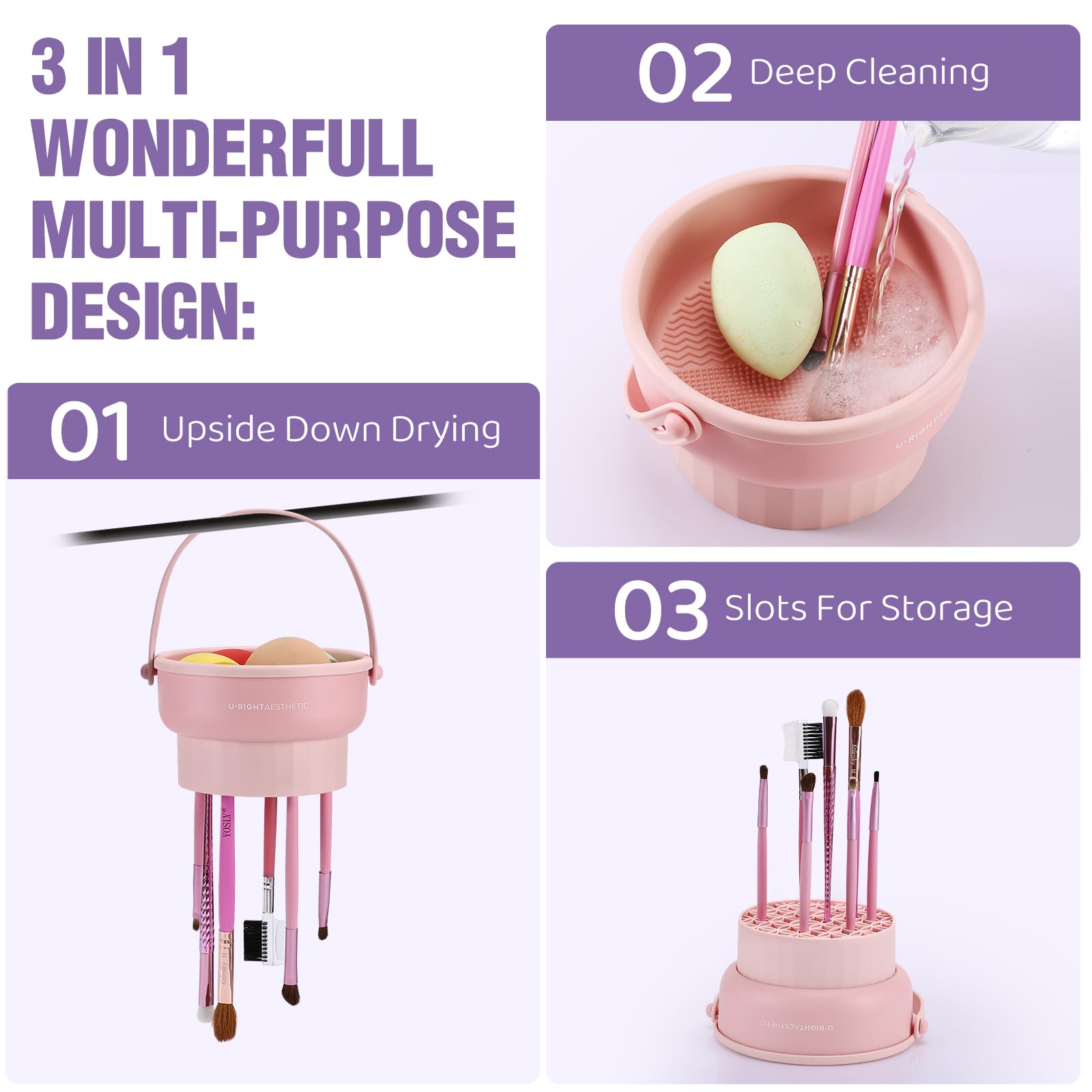 Makeup Brush Cleaner Mat 3 in 1 Silicone Makeup Brush Cleaner Bowl Cosmetic Brushes Cleaning Tool Organizer for Storage and Air Drying（Khkai)