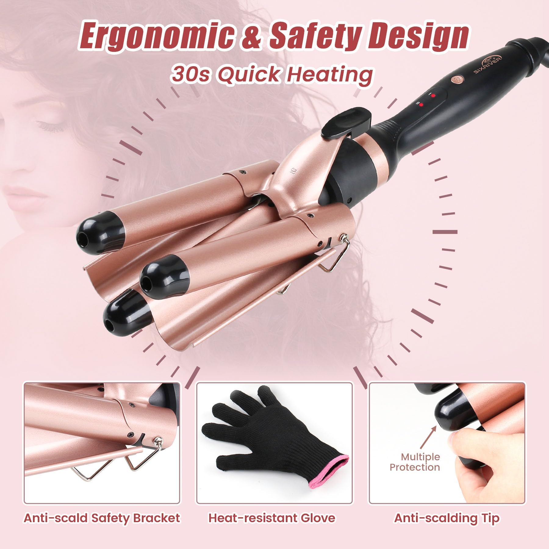 Sixriver 3 Barrel Curling Iron Wand, Fast Heating Hair Crimper Hair Waver, Triple Barrel Hair Iron with 2-LED Temp Control Auto Shut-Off, Wave Iron for Beachy Waves Mermaid Waver, Mother's Day Gift