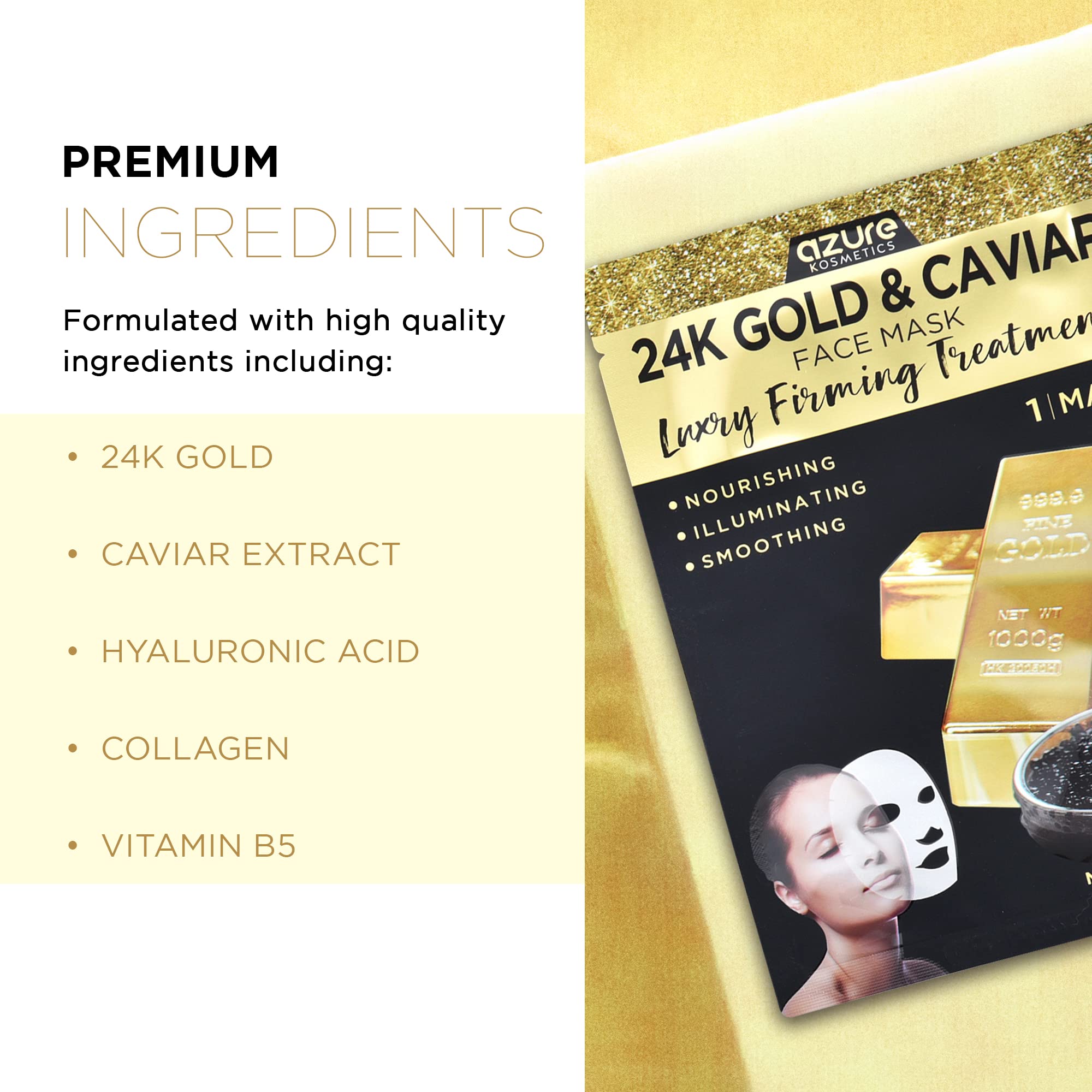 AZURE 24K Gold and Caviar Anti Aging Luxury Face Mask - Hydrating & Firming Facial Mask - Helps Reduce Wrinkles & Fine Lines - With Hyaluronic Acid & Collagen - Skin Care Made in Korea - 5 Pack