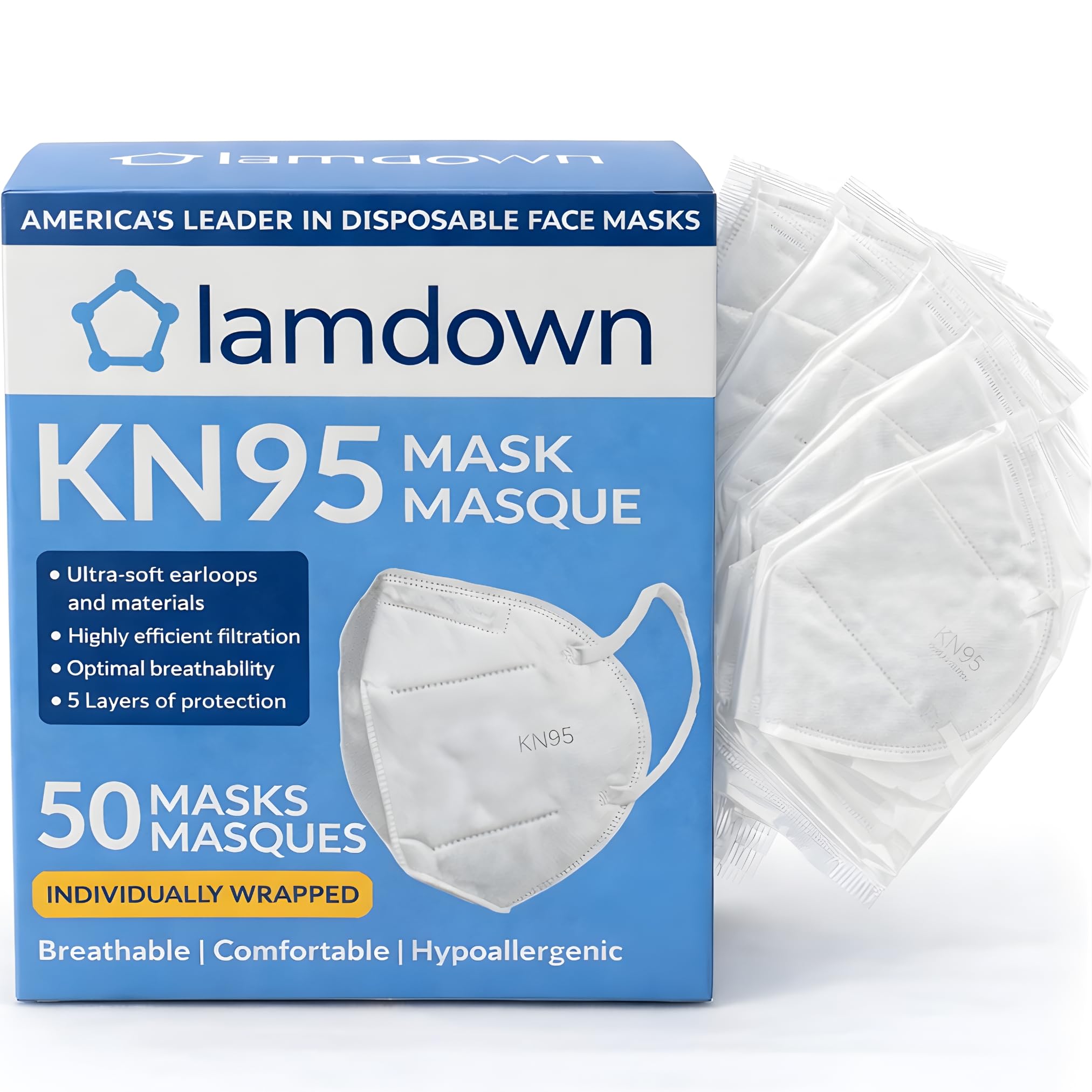 Lamdown (50-Pack) KN95 Face Masks, Individually Wrapped, Premium Disposable Dust Mask, White