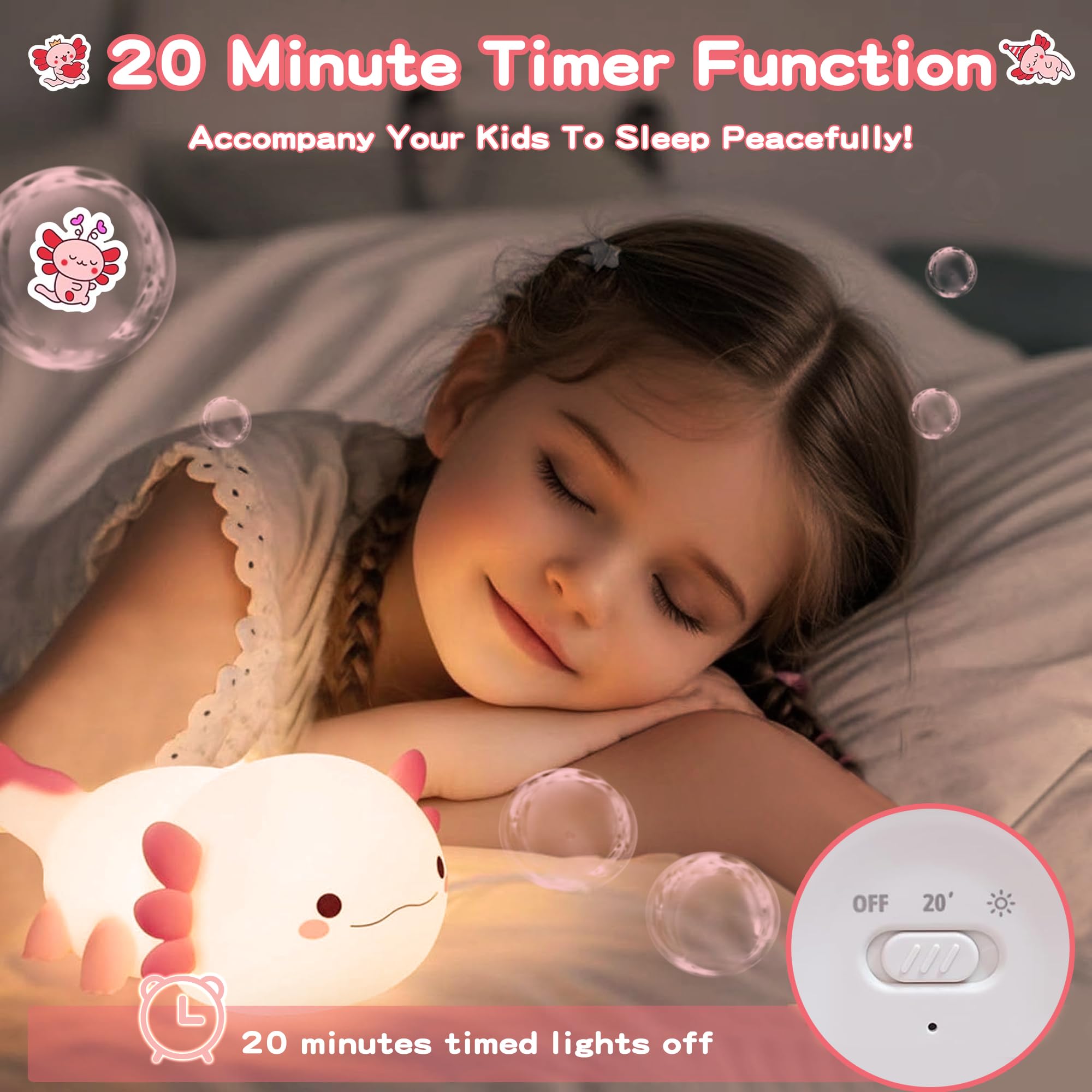 FAMIDUO Axolotl Lamp,Cute Axolotl Night Light,Dimmable Silicone Animal Nursery Night Light,Kawaii Rechargeable Squishy Novelty Bedside Touch Lamp,Baby Room Decor, Axolotl Gifts for Kids/Girls