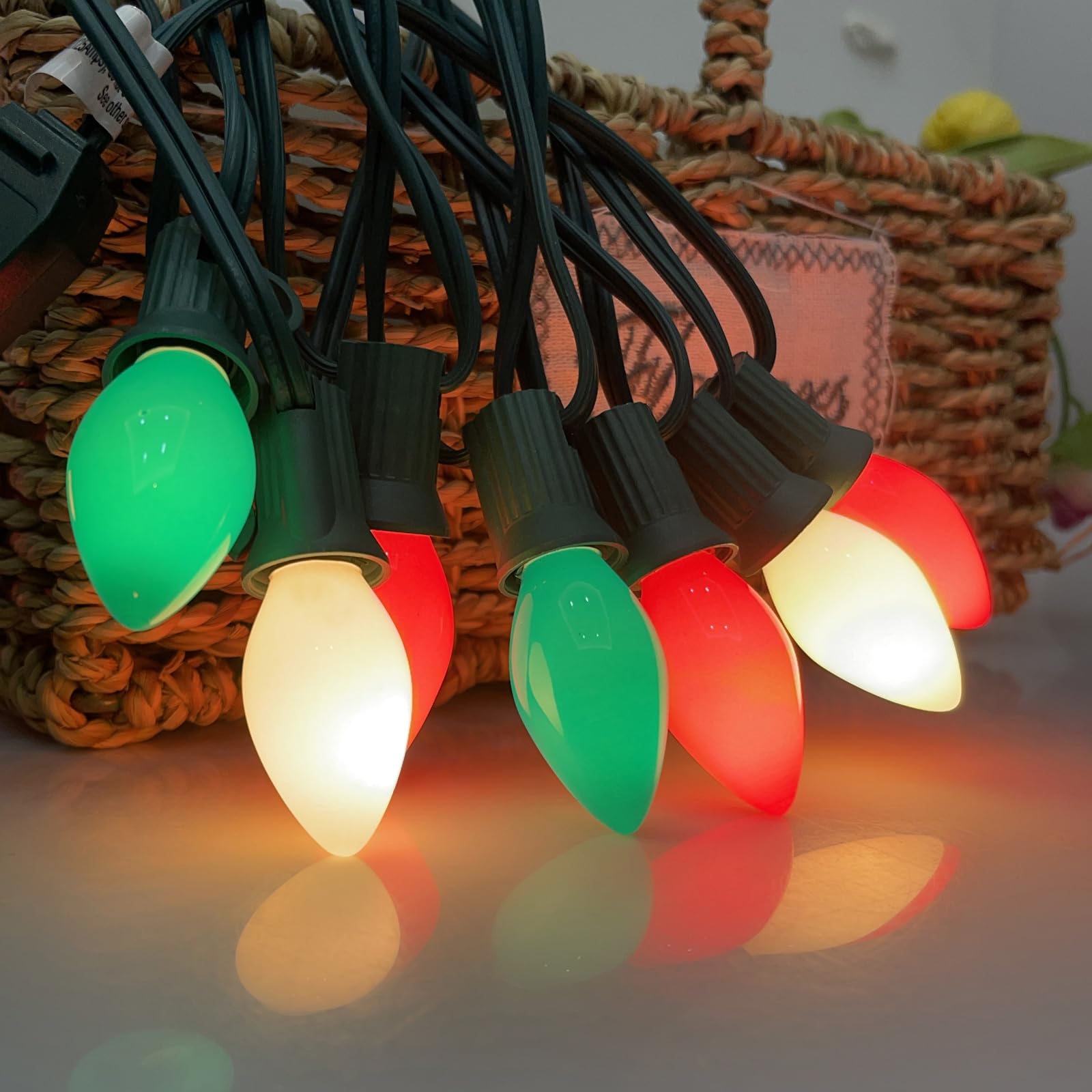 25Ft Multicolor Christmas Lights C7 Vintage Christmas String Lights with 27 Multicolor Ceramic Bulbs(2 Spare), Hanging Outdoor String Lights for Holidays, Christmas Prom Party Wedding- Green Wire