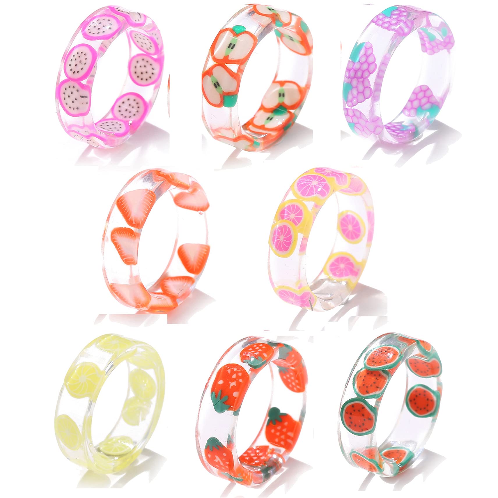 Winwinfly 8PCS Colorful Acrylic Resin Chunky Rings for Women, Trendy Unique Plastic and Transparent Stacking Rings, Cute Retro Open Finger Rings Jewelry for Women