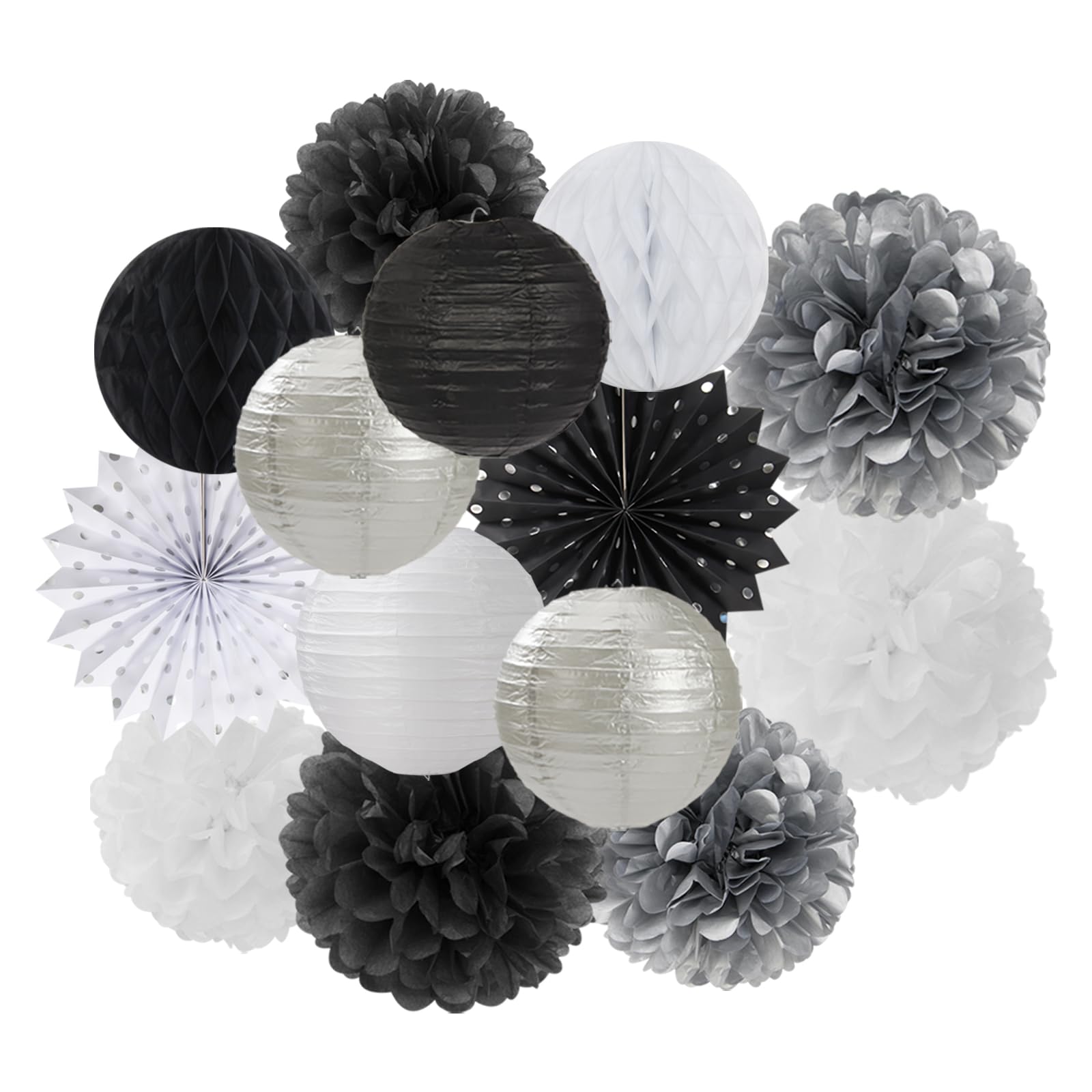 Black White Silver Party-Decorations Streamers-Lanterns - 14pc New Years Graduation 2024 Paper Fan, Bachelorette Birthday Wedding Baby Bridal Shower Tissue Pom Poms,Honeycomb Balls Decor Ouruola