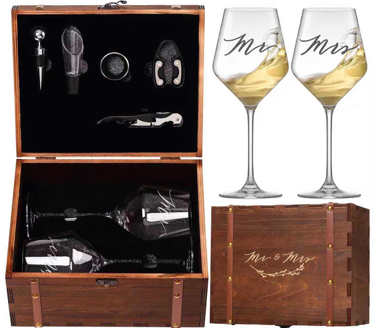 SIPBYSOP Mr Mrs Wine Glasses Gifts for Wedding/Engagement/Bridal Shower,Classy Engagement Present,WEDDING Gift for Couples,Women,Bride to be,Newlyweds-Wedding Keepsake Box with Wine Accessories