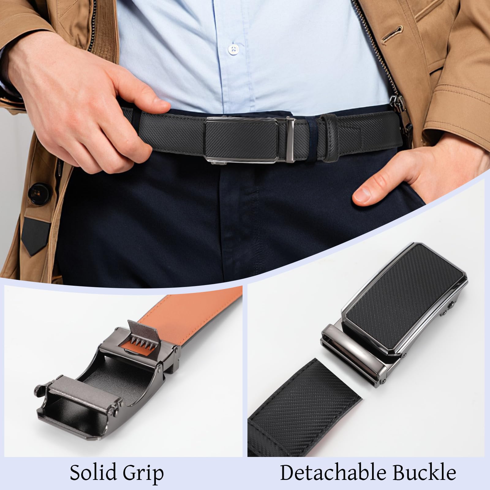 SANSTHS Ratchet Belts for Men, Leather Ratchet Belt Mens Ratchet Belt with Adjustable Buckle Men Belt Fit Everywhere, Twill Black