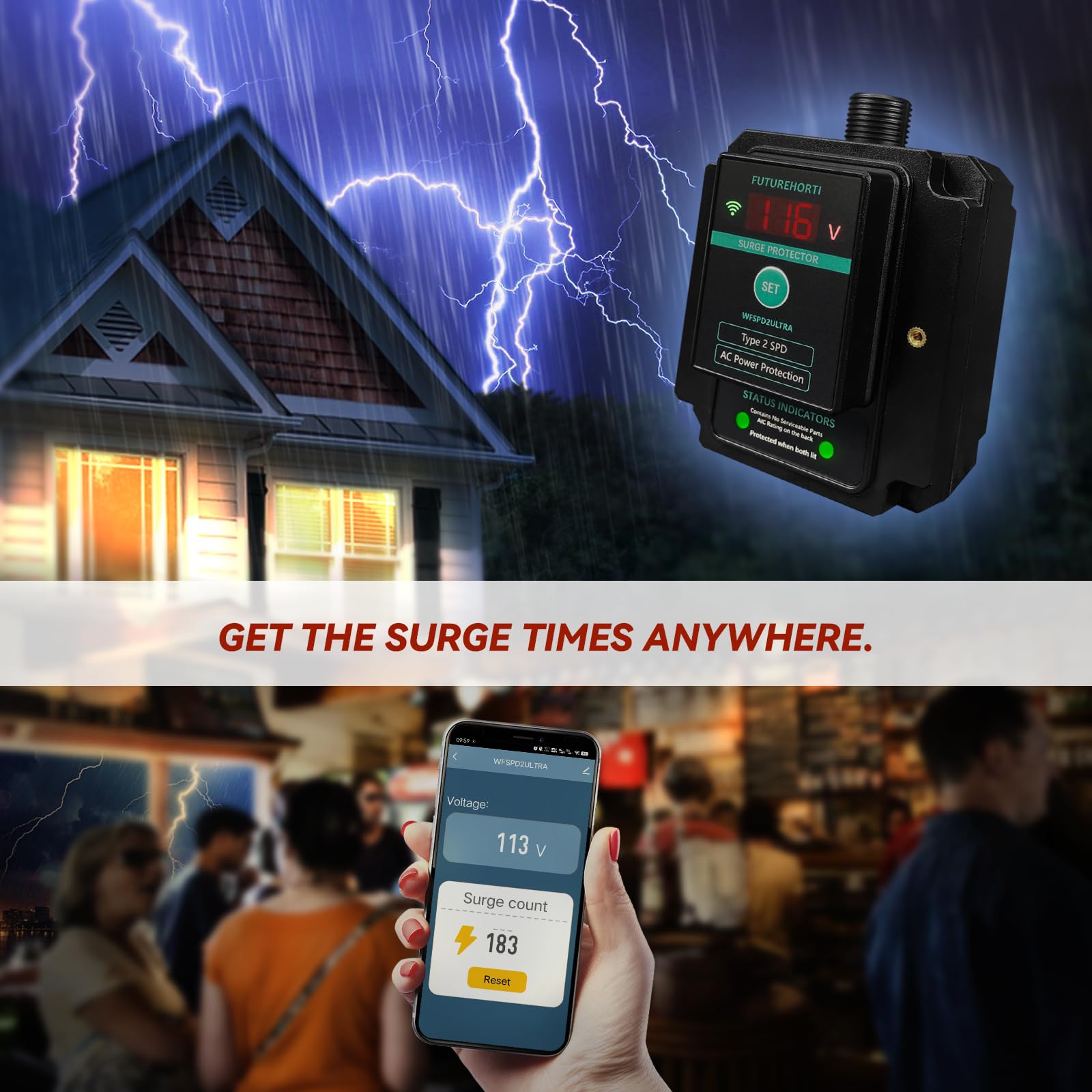 WFSPD2ULTRA Ultimate Surge Protector,Use WiFi to Check Surge Times Logger,Voltage Display,120/240V,108kA/Phase,2820 Joules (Total)