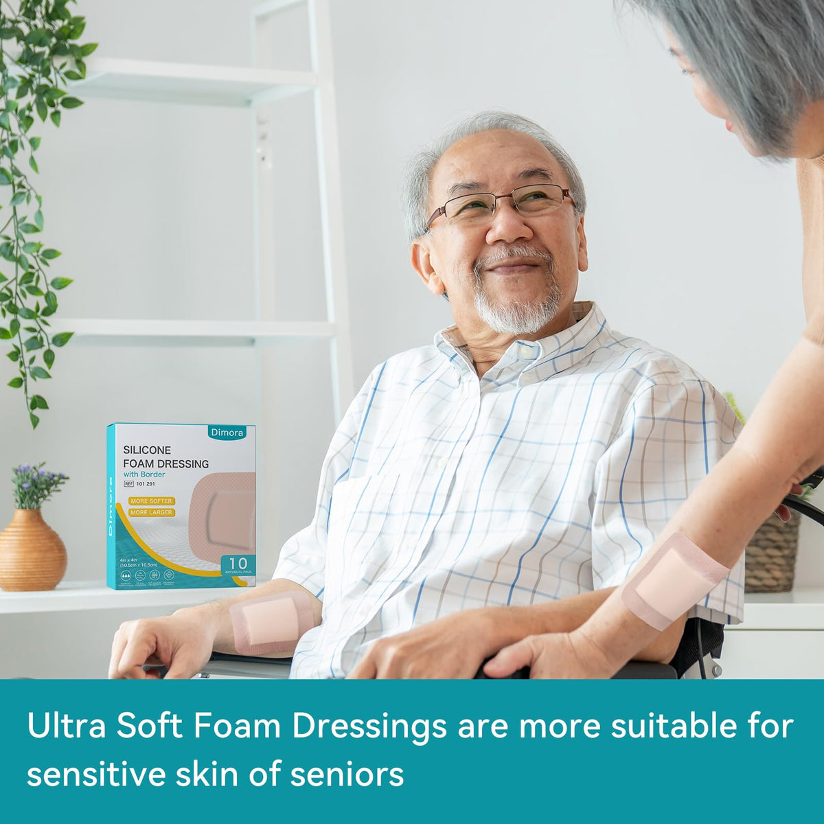 Dimora Ultra Soft Silicone Foam Dressing 4"x4" - Upgraded Super Absorbency Wound Dressing with Widened Border, Adhesive Foam Bandages for Bed Sores, Burn, Diabetic Ulcer, Surgical Wound (10 Pack)