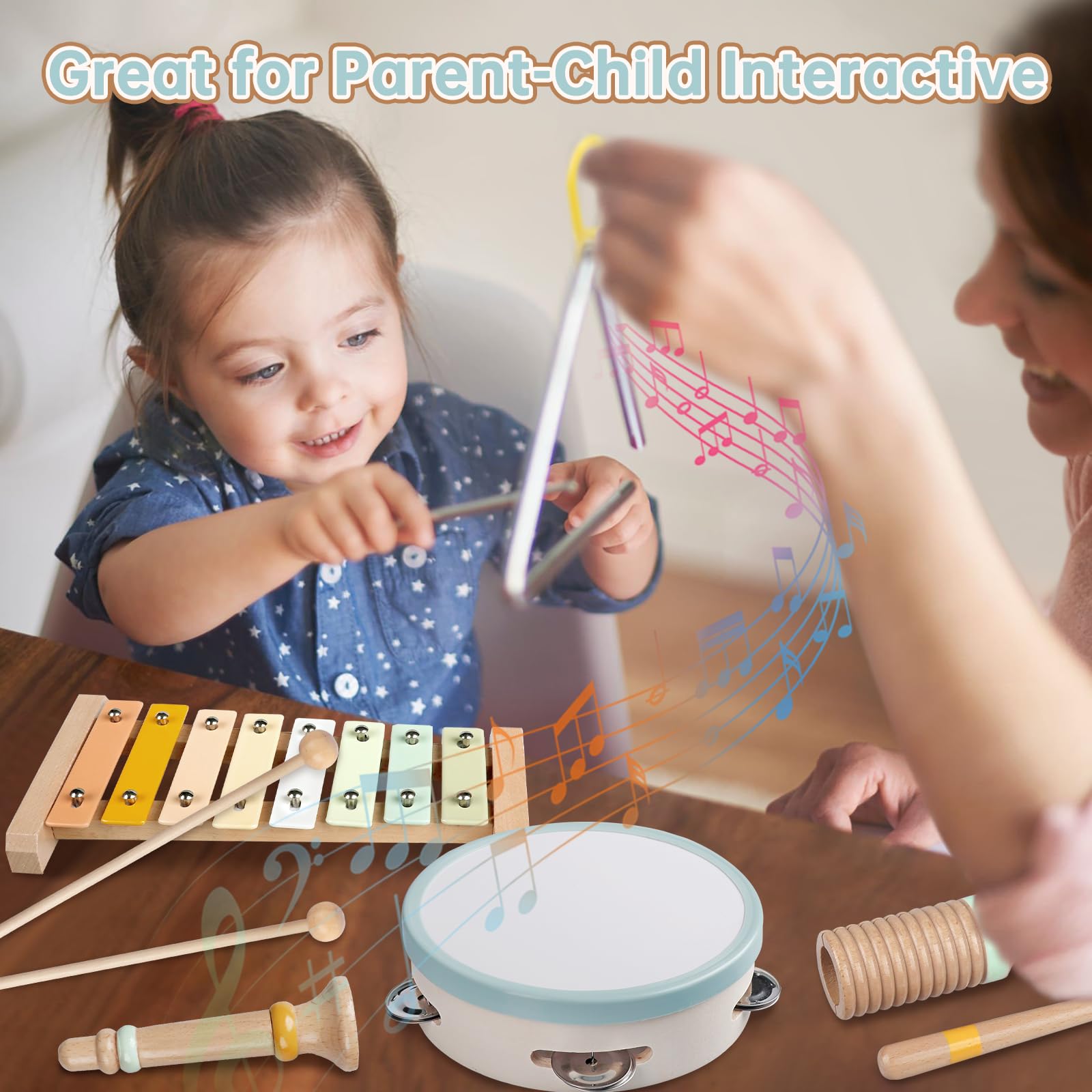 Baby Musical Instruments - Montessori Musical Toys for Toddlers 1-3, Neutral Colors Wooden Percussion Instruments Set, Modern Boho Xylophone Tambourine, Kids Preschool Educational Birthday Gifts