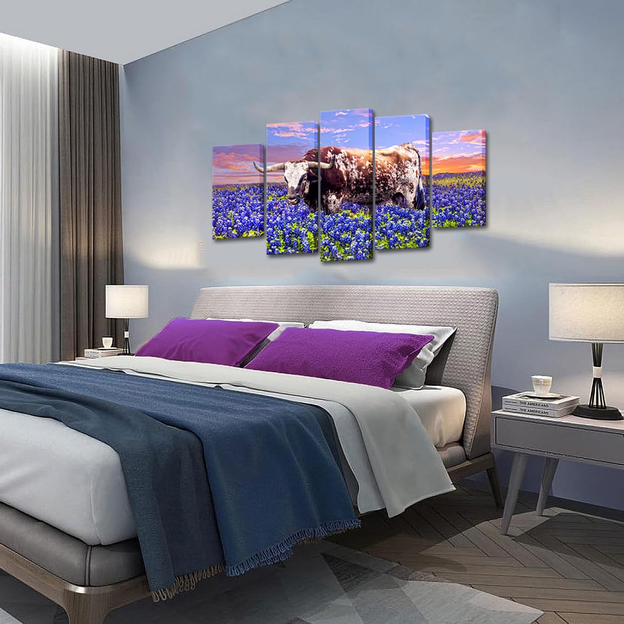 RyounoArt Lonhorn Canvas Wall Art Texas Bluebonnet Field Painting Pictures Texas Farm Artwork for Home Living Room Office Wall Decor Ready to Hang