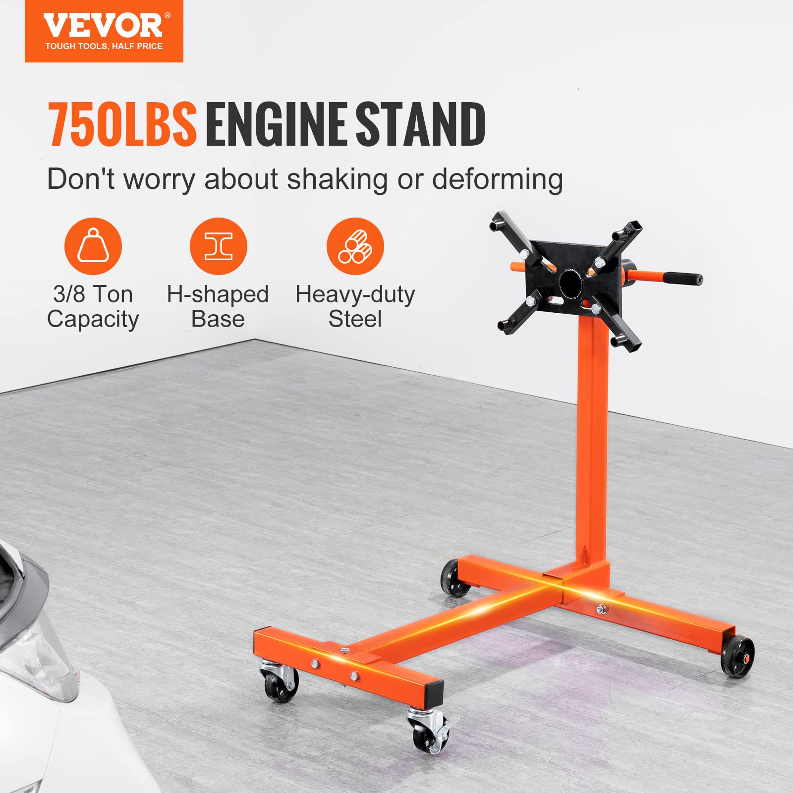 VEVOR Engine Stand, 750 lbs (3/8 Ton) Rotating Engine Motor Stand with 360 Degree Adjustable Head, Cast Iron Motor Hoist Dolly, 4-Caster, 4 Adjustable Arms, for Vehicle Maintenance, Auto Repair