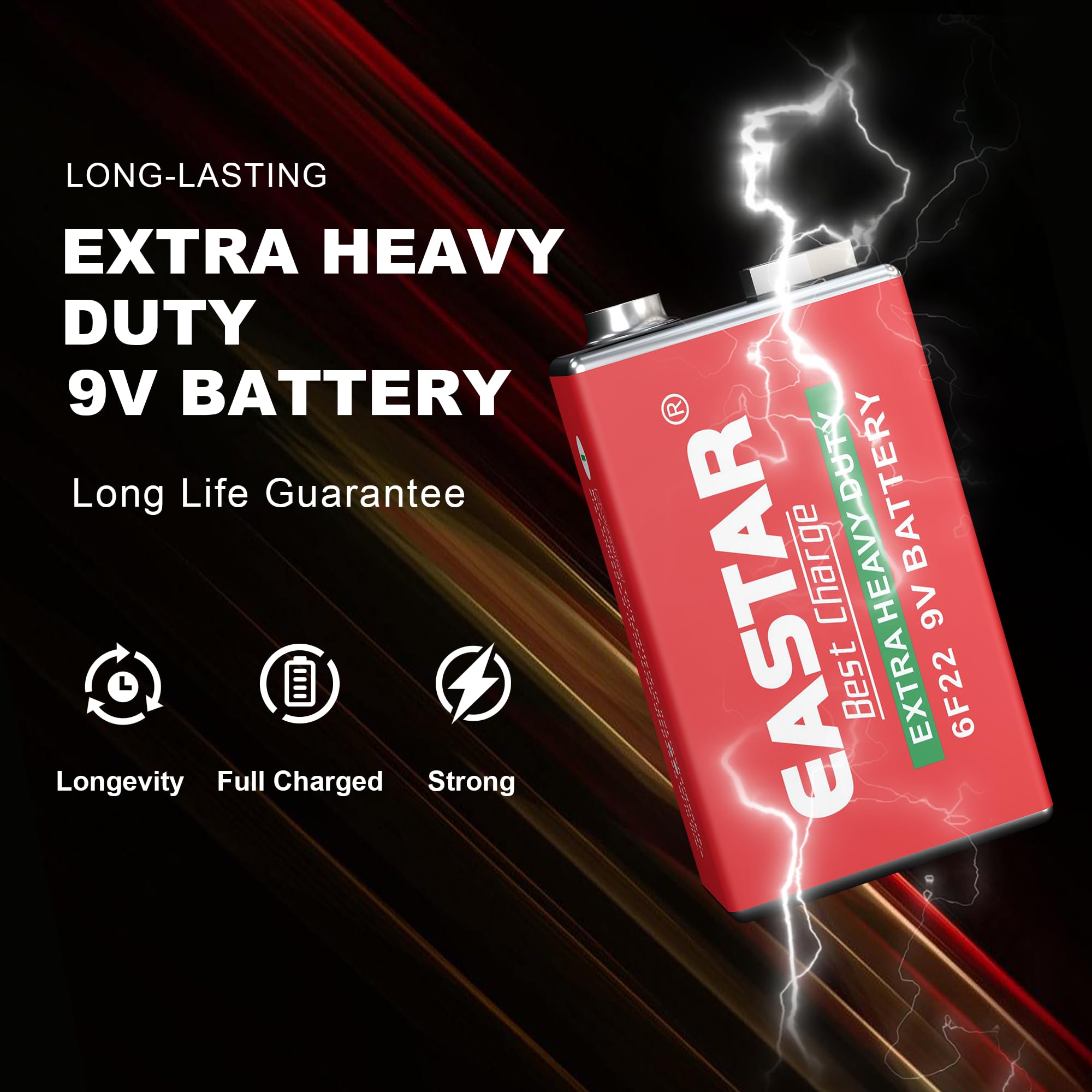 EASTAR BTS 9V Zinc Carbon Batteries 10 Pack - 9 Volt Batteries for Smoke Detector & Low Drain Devices, 6F22 Square Battery with Long-Lasting Power for Household & Office