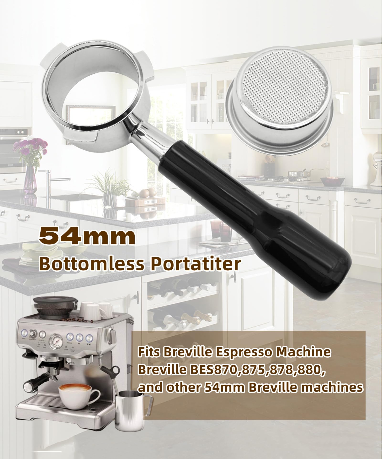 Taruimoo 54mm Bottomless Portafilter fits for Breville Espresso Machine -BES870/878/880 & Solis Barista Machines,Include Stainless Steel Filter Basket