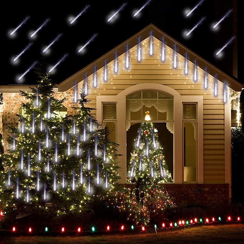 Kordain Christmas Lights Outdoor, Meteor Shower Lights Falling Star Lights 12 inch 8 Tubes 144 LED Icicle Snow Falling Raindrop Lights for Xmas Tree Halloween Holiday Party Decoration, UL Plug, White