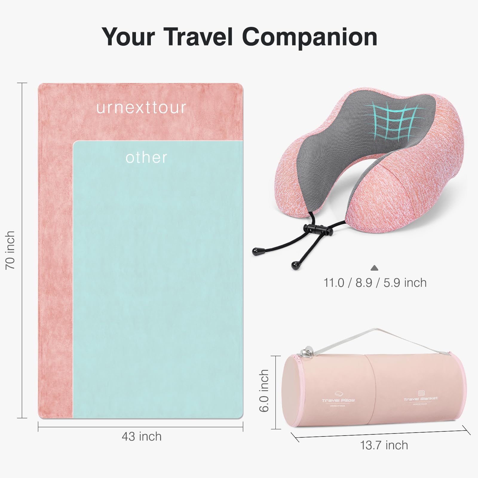 urnexttour Neck Pillow and Blanket Set Travel Pillows Travel Essentials for Airplane Pink