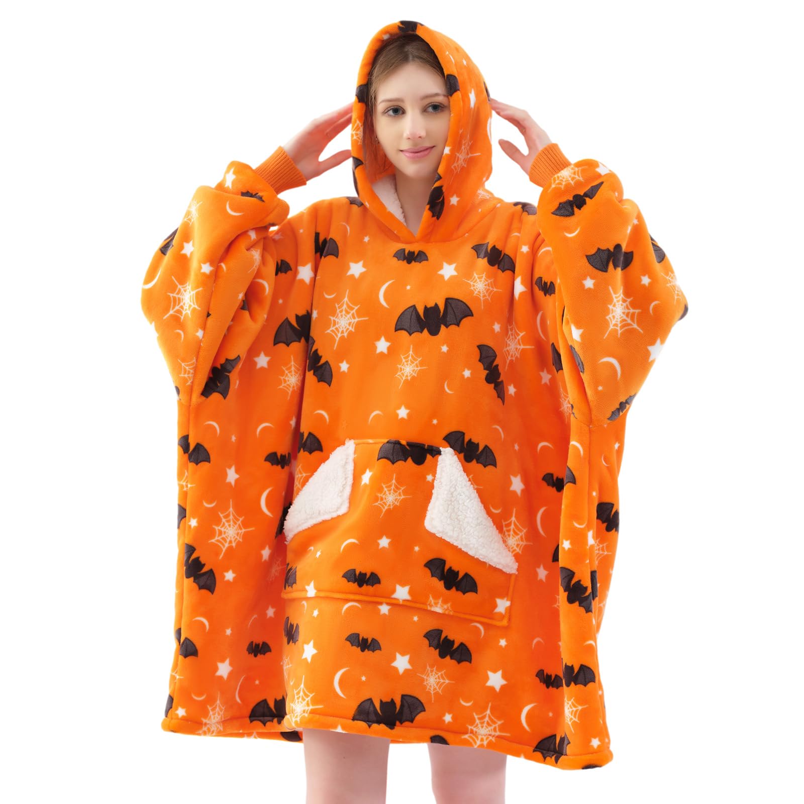 Touchat Halloween Wearable Blanket Hoodie, Orange Bat Costume Oversized Sherpa Fleece Sweatshirt Blanket with Giant Hood Pocket and Sleeves for Adult, Warm & Cozy Grey Blanket Gifts for Women