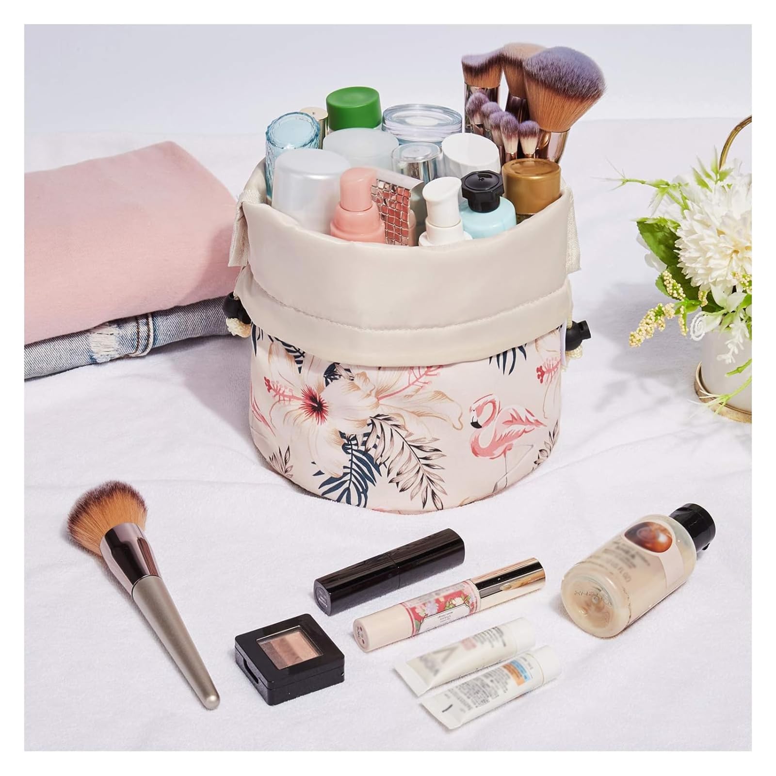 Barrel Drawstring Makeup Bag Travel Cosmetic Bag Large Toiletry Organizer Waterproof for Women (Large, Beige Bird)