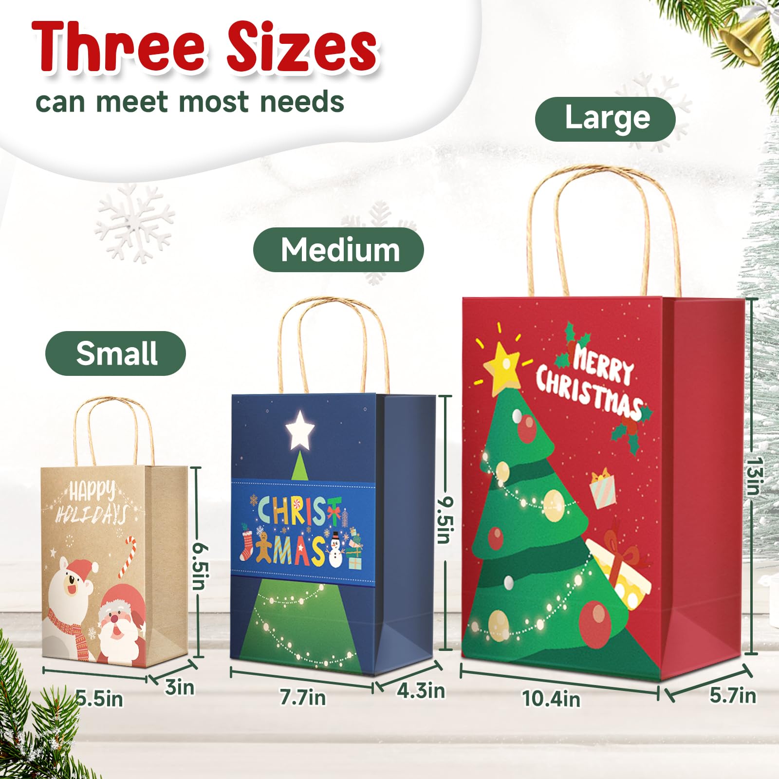 BlessedSeason 28 PCS Christmas Gift Bags with Handles, Reusable 14 Styles Kraft Gift Bags, Christmas Bags for Gifts with Christmas Prints for Holiday Paper Gift Bags (6 Large,10 Medium,12 Small)