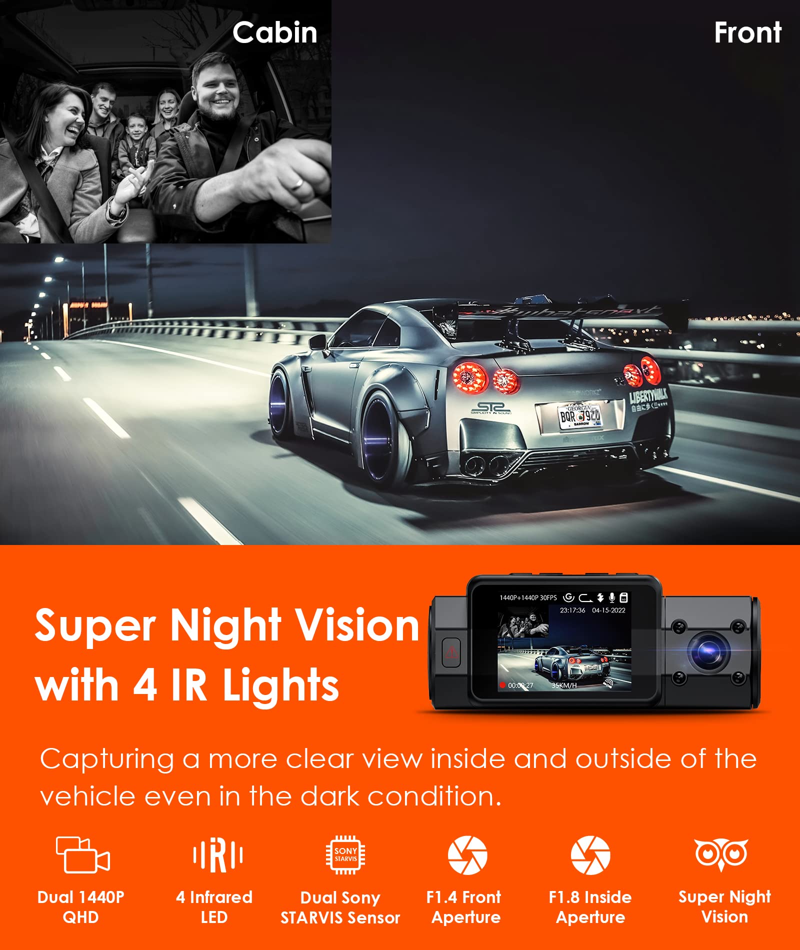 Vantrue N2S 4K Dash Cam with GPS, Front and Inside Dual 2.5K 1440P, IR Night Vision Uber Car Camera, 24/7 Recording Parking Mode, Motion Detection, 256GB Supported