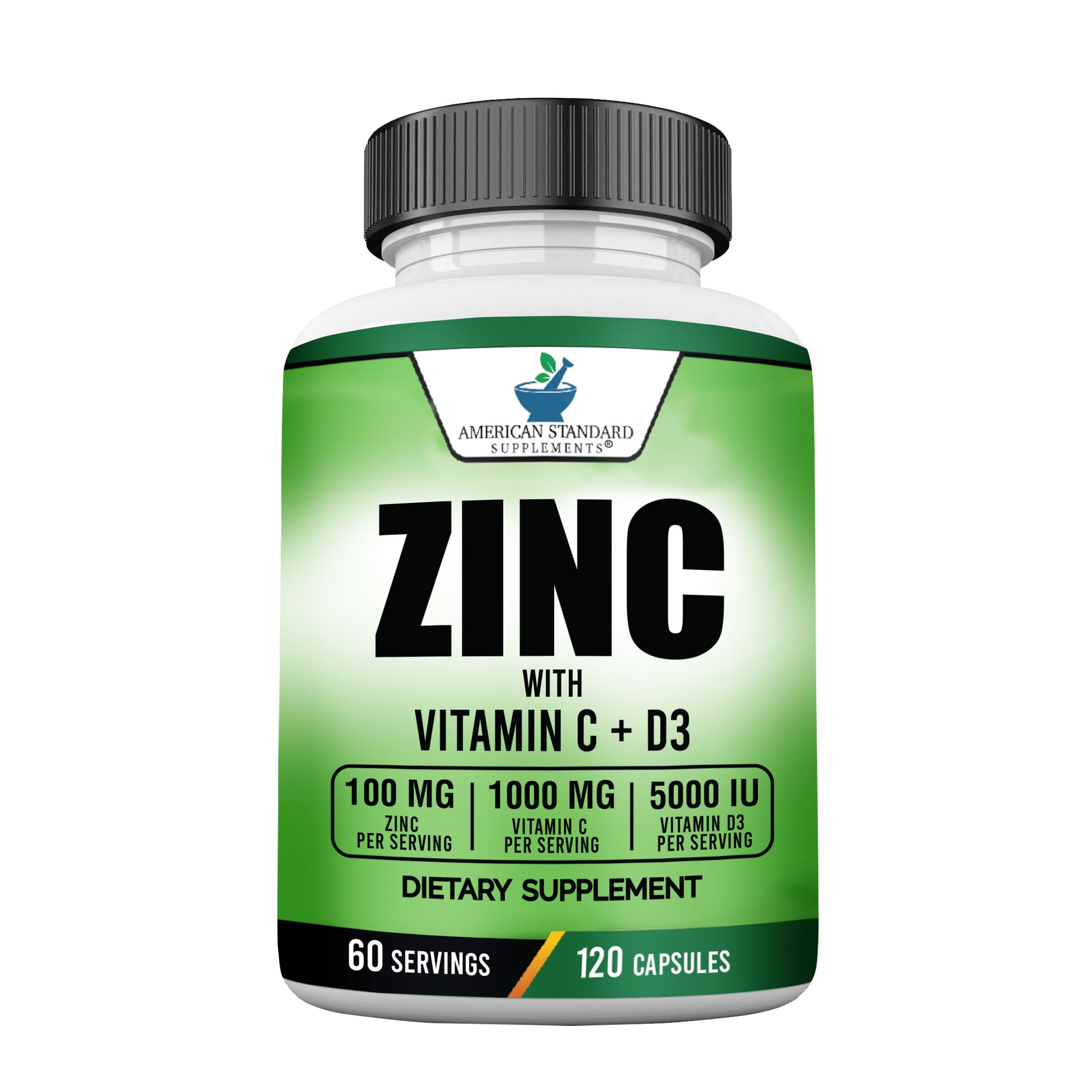 American Standard Supplements Zinc 100mg, Vitamin C 1000mg, and Vitamin D3 5000 IU (125mcg) Per Serving - Gluten Free, Non-GMO, 120 Capsules, 60 Servings