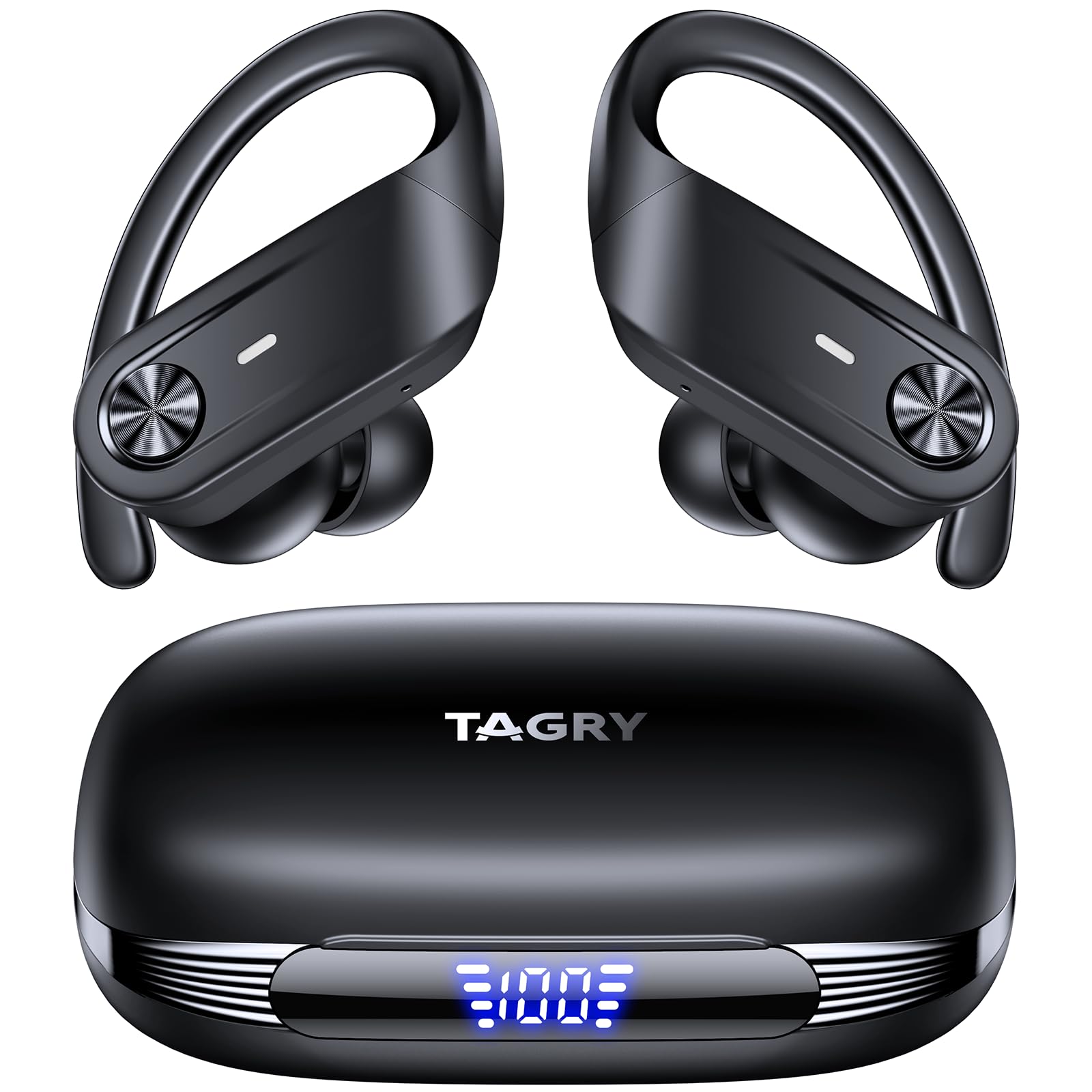 TAGRY Wireless Earbuds Bluetooth 5.4 Headphones 80Hrs Playtime LED Display IPX7 Waterproof Sport Ear Buds with Earhook Mic in-Ear Earphones Stereo Sound Earbud for Workout Running Exercise Gym Black