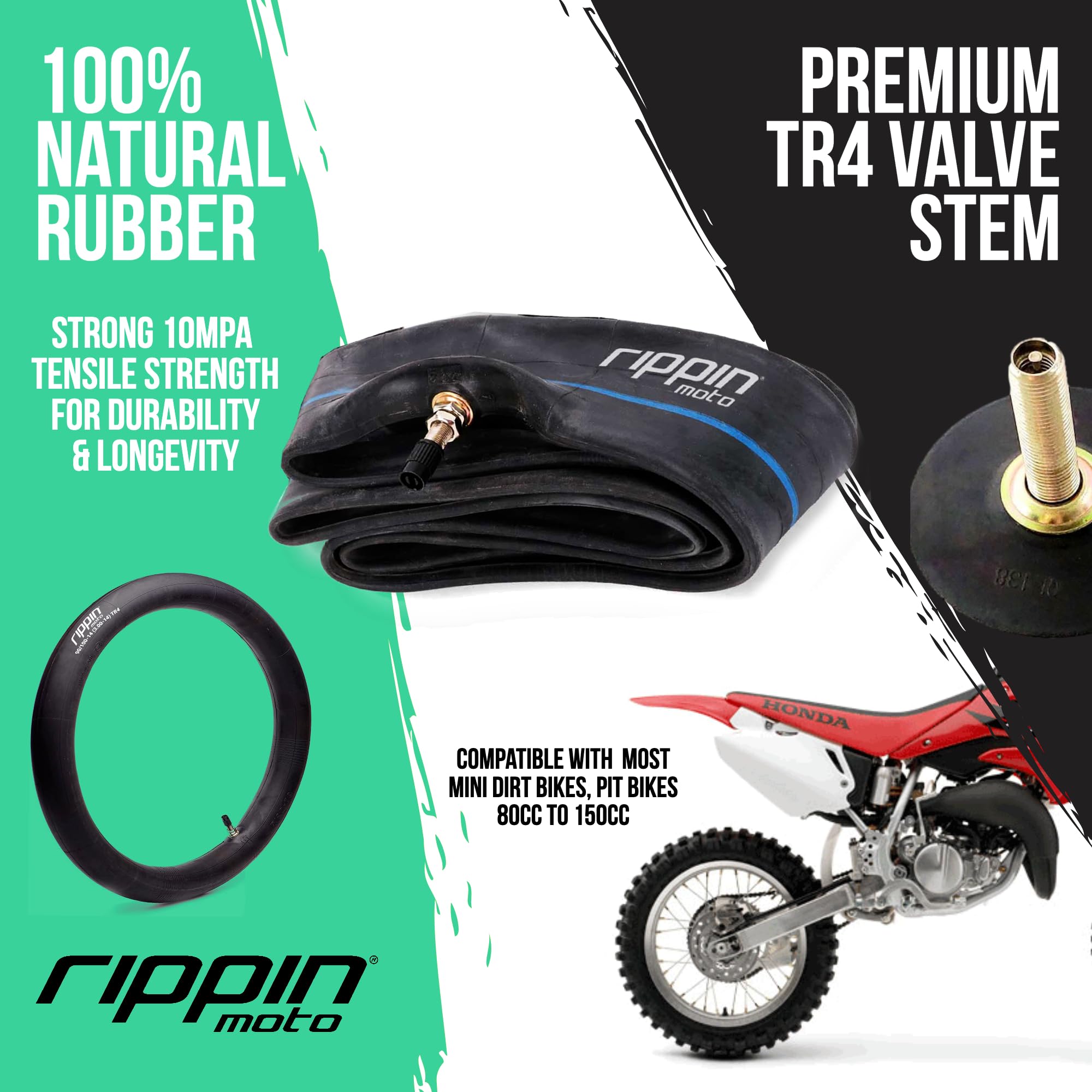 Rippin Moto 2.50/2.75-17 Motorcycle Inner Tube (70/100-17) 2.5mm Thick, 10Mpa Durable & Lightweight - 100% Natural Rubber - Fits Most Dirt Bikes, Pit Bikes & E-Motos with 17" Wheels