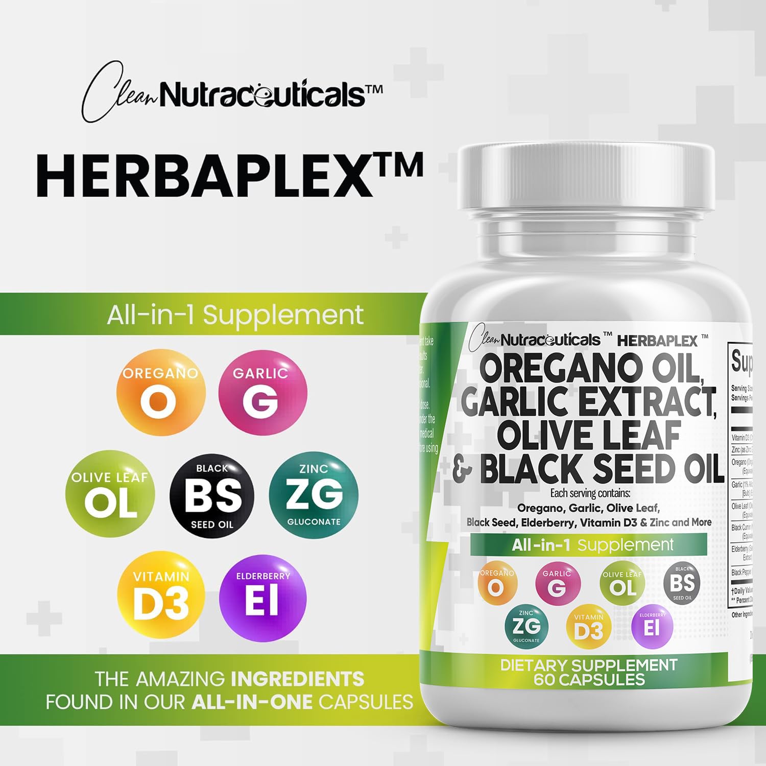 Clean Nutraceuticals Oregano Oil Garlic Extract Olive Leaf Black Seed Oil - Immune Support & Digestive Health Supplement for Women and Men with Vitamin D3 & Zinc - 1Pack