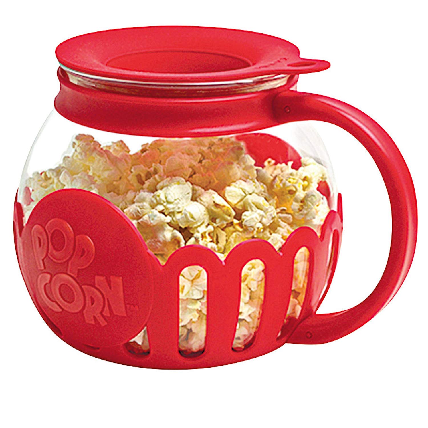 Ecolution Patented Micro-Pop Microwave Popcorn Popper with Temperature Safe Glass, 3-in-1 Lid Measures Kernels and Melts Butter, Made Without BPA, Dishwasher Safe, 1.5-Quart, Red