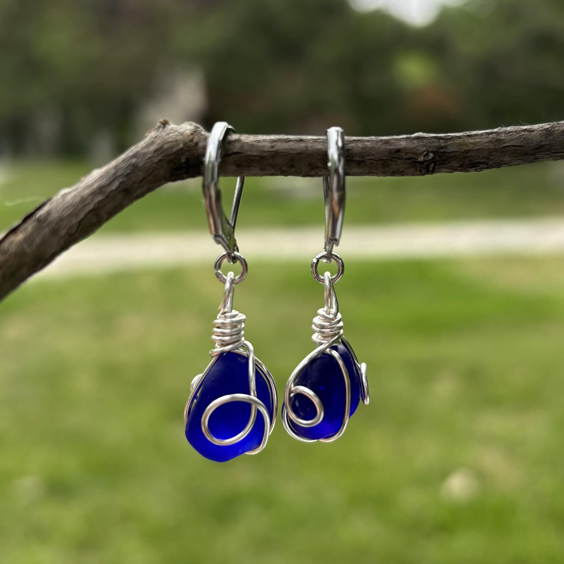 PEPELUALI Handmade Sterling Silver Sea Glass Wire Wrap Drop Earrings Jewelry (Coblat Blue),Beach Earrings, Summer Gift, Ocean Jewelry Inspirational Gifts for Women, Mom, Sister