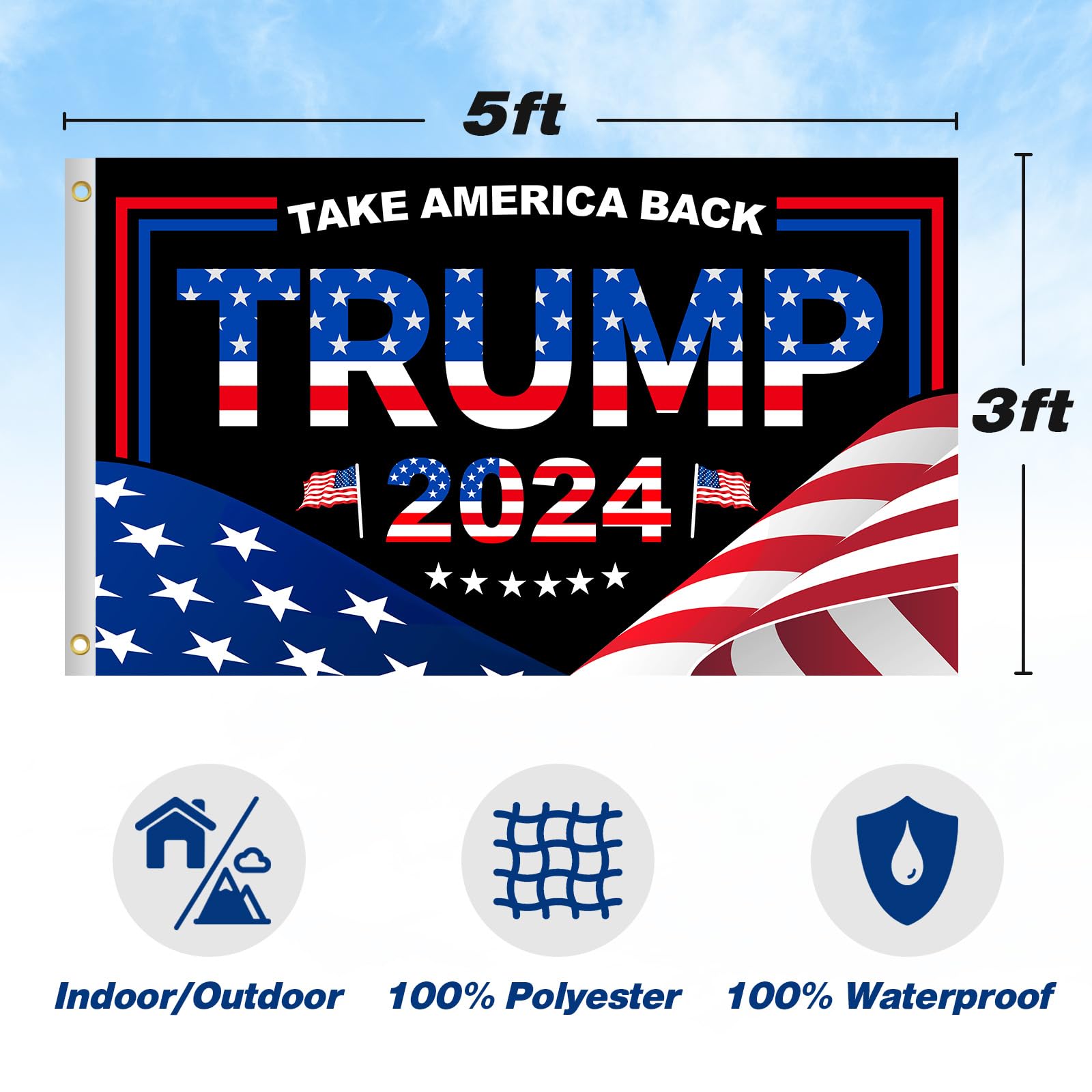 Trump 2024 Flag 3x5 FT President Trump Flag Take America Back Banner Indoor Outdoor Double Sided 3 Ply With Vivid Patriotic Colors Design UV & Fade Resistant 2 Brass Grommets