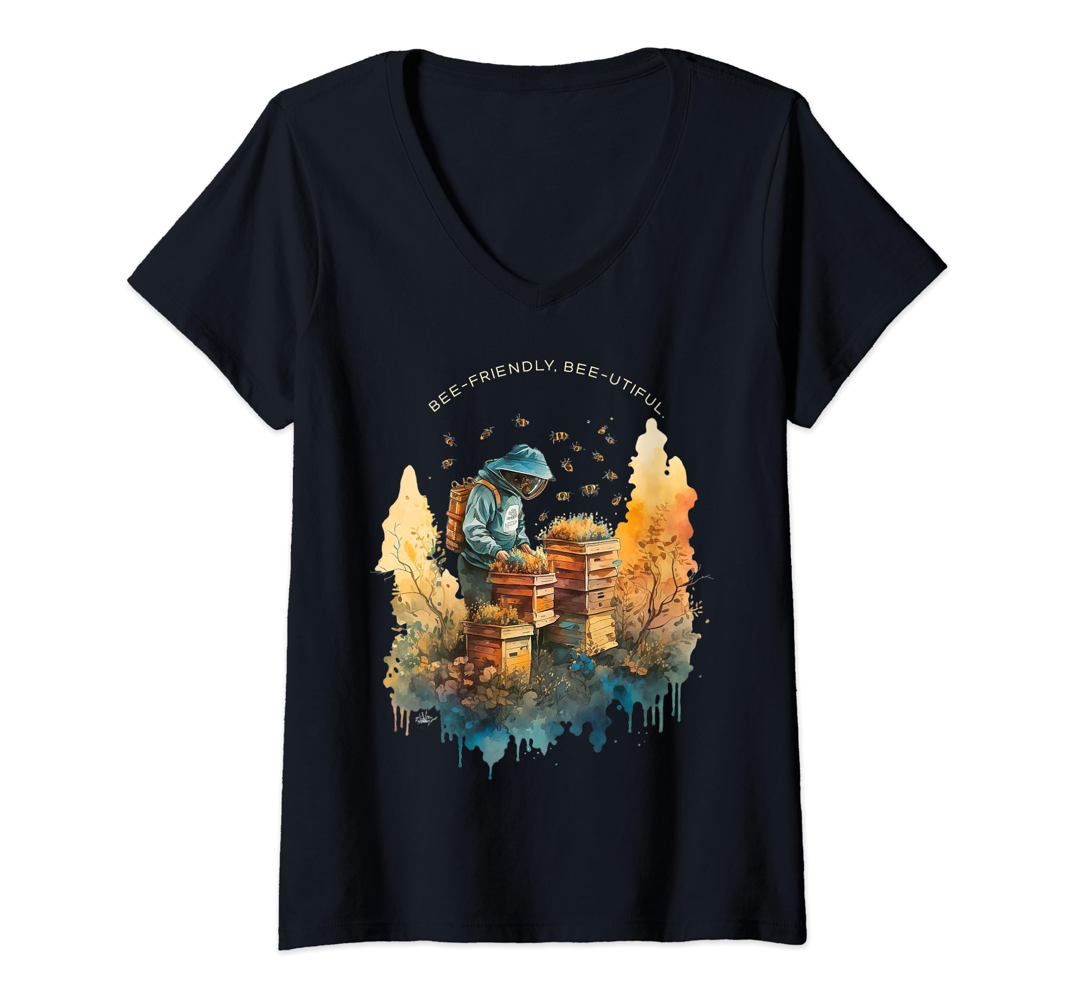 Womens Bee-friendly, bee-utiful. Beekeeper Bee-Themed Pollinators V-Neck T-Shirt
