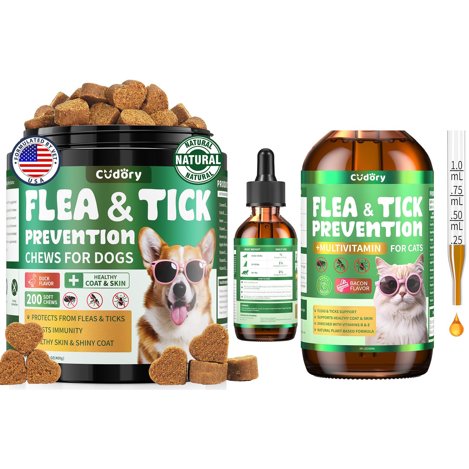 Flea and Tick Support Bundle for Dogs & Cats – Flea Chews + Oral Flea Drops for Dogs & Cats – Natural Flea Prevention for All Breeds & Ages – Duck Flavor