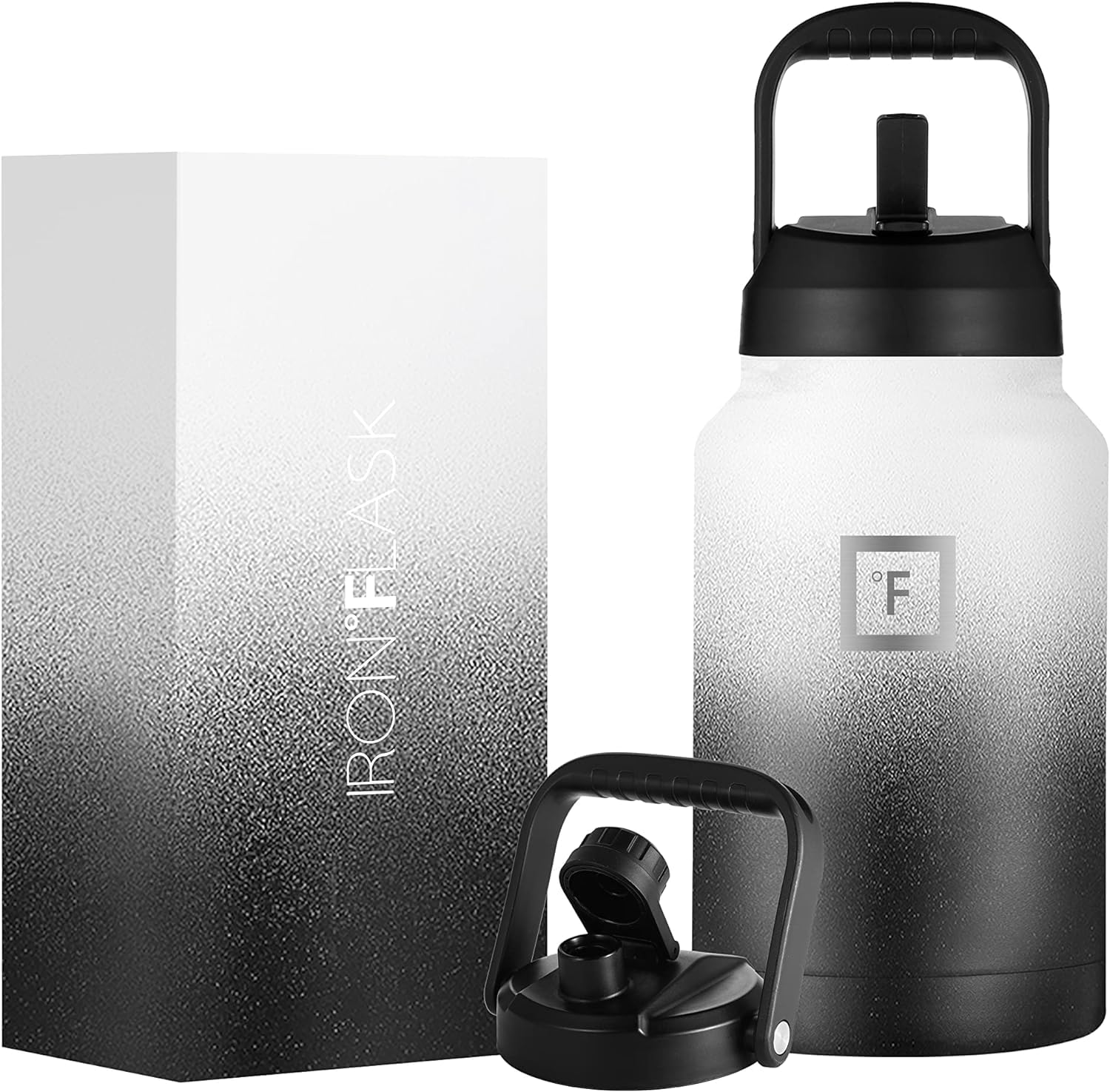 IRON °FLASK Sports Water Bottle - Gallon Series - 2 Lids (Straw and Spout), Leak Proof, Vacuum Insulated Stainless Steel, Double Walled, Thermo Mug, Metal Canteen Jug Growler - Day & Night, 128 Oz