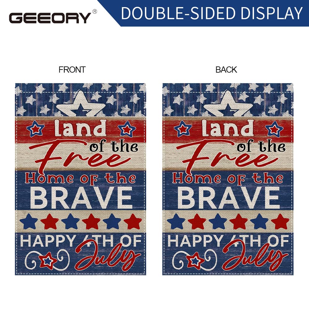 GEEORY Happy 4th of July Patriotic Garden Flag 12.5x18 Inch, Stars Striped Blue Welcome Double Sided Flag for Outside Yard Lawn Decoration GB051-12