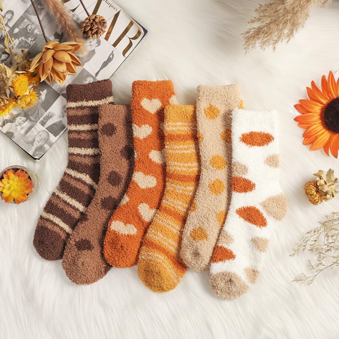 Toes Home Fuzzy Socks for Women Soft Fluffy Winter Cozy Slipper Socks Plush Sleep Fall Socks for Christmas Valentine's Day 6 Pairs