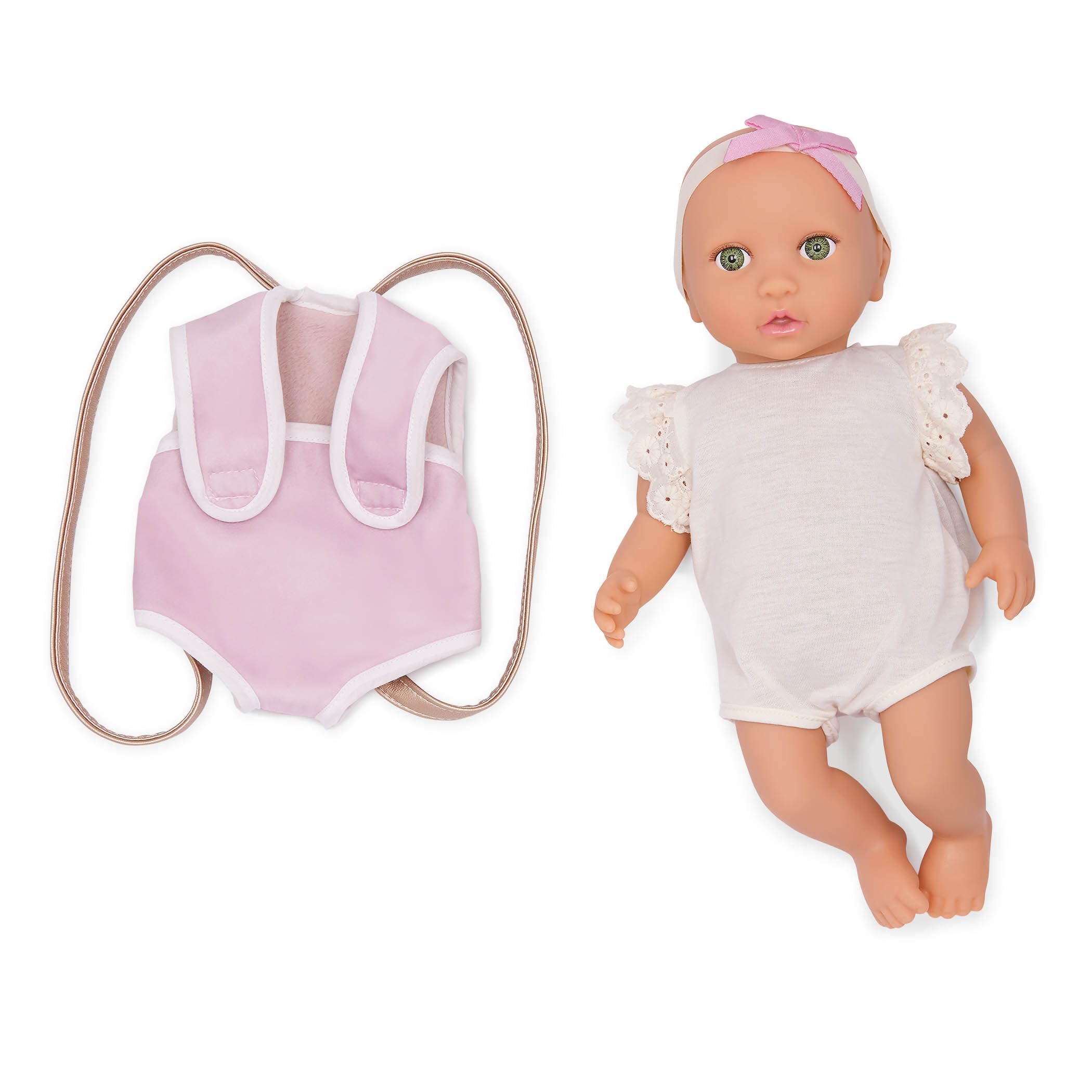 LullaBaby – 14-inch Realistic Baby Doll – Carrier Travel Accessory – Fair Skin Tone & Green Eyes – Pretend Play – Toys For Kids Ages 2 & Up – Baby Doll & Carrier Set