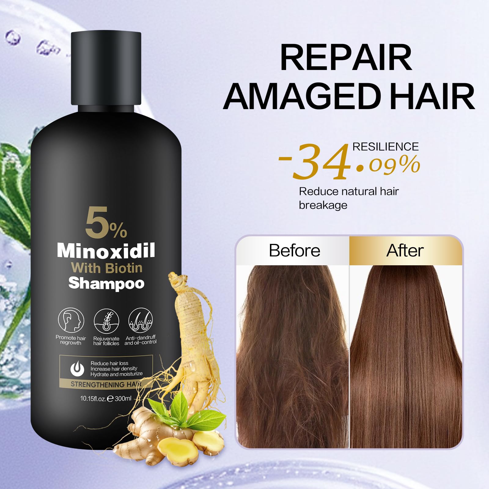 Minoxidil Shampoo & Conditioner Set for Hair Growth – Biotin, Ginseng & Ginger – Supports Thicker, Fuller Hair – Scalp Care Formula – For Men & Women – 600ml Duo