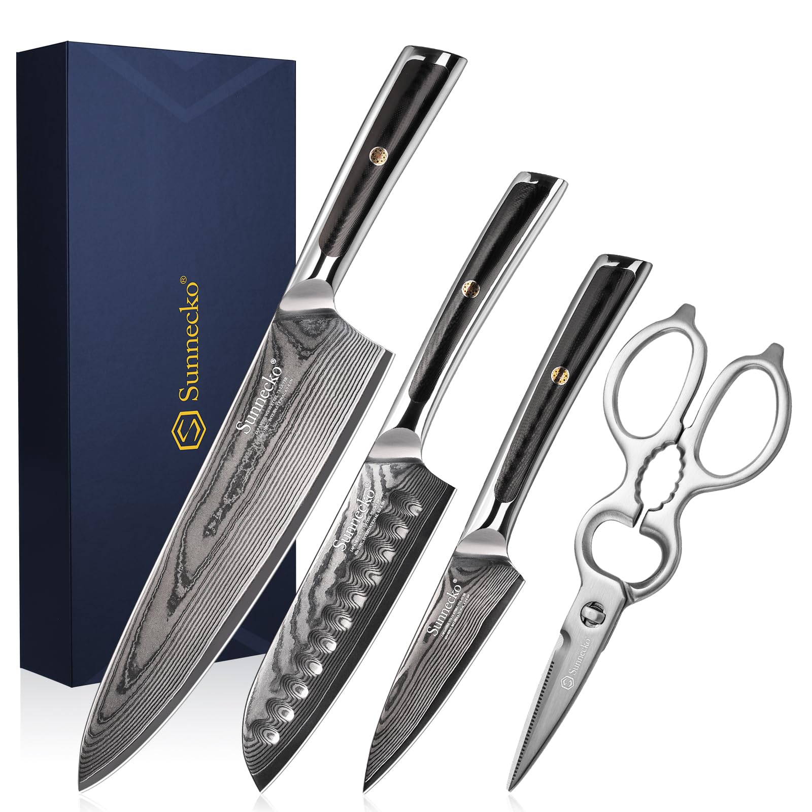 Sunnecko Damascus Kitchen Knife Set 4 Piece Chef Knife Set Professional, High Carbon Stainless Steel Knife Set, Full Tang with Gift Box