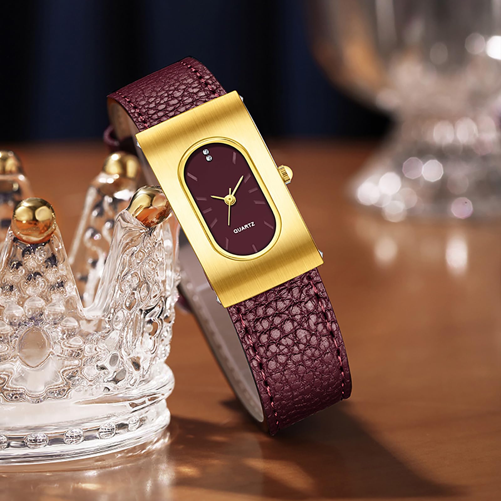 BESTKANG Vintage Women's Watch Leather Oval Rectangle Gold Luxurious Ladies Wristwatch Elegant Watches for Women (Red Gold)