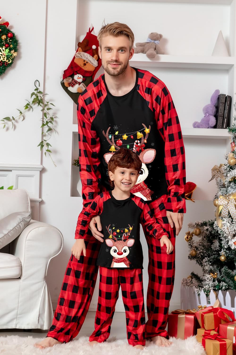 Umeyda Family Matching Christmas Pajamas, Holiday Pajama Sets for Family and Pets Scarf Pjs Xmas Outfits, Black Red Elk, One