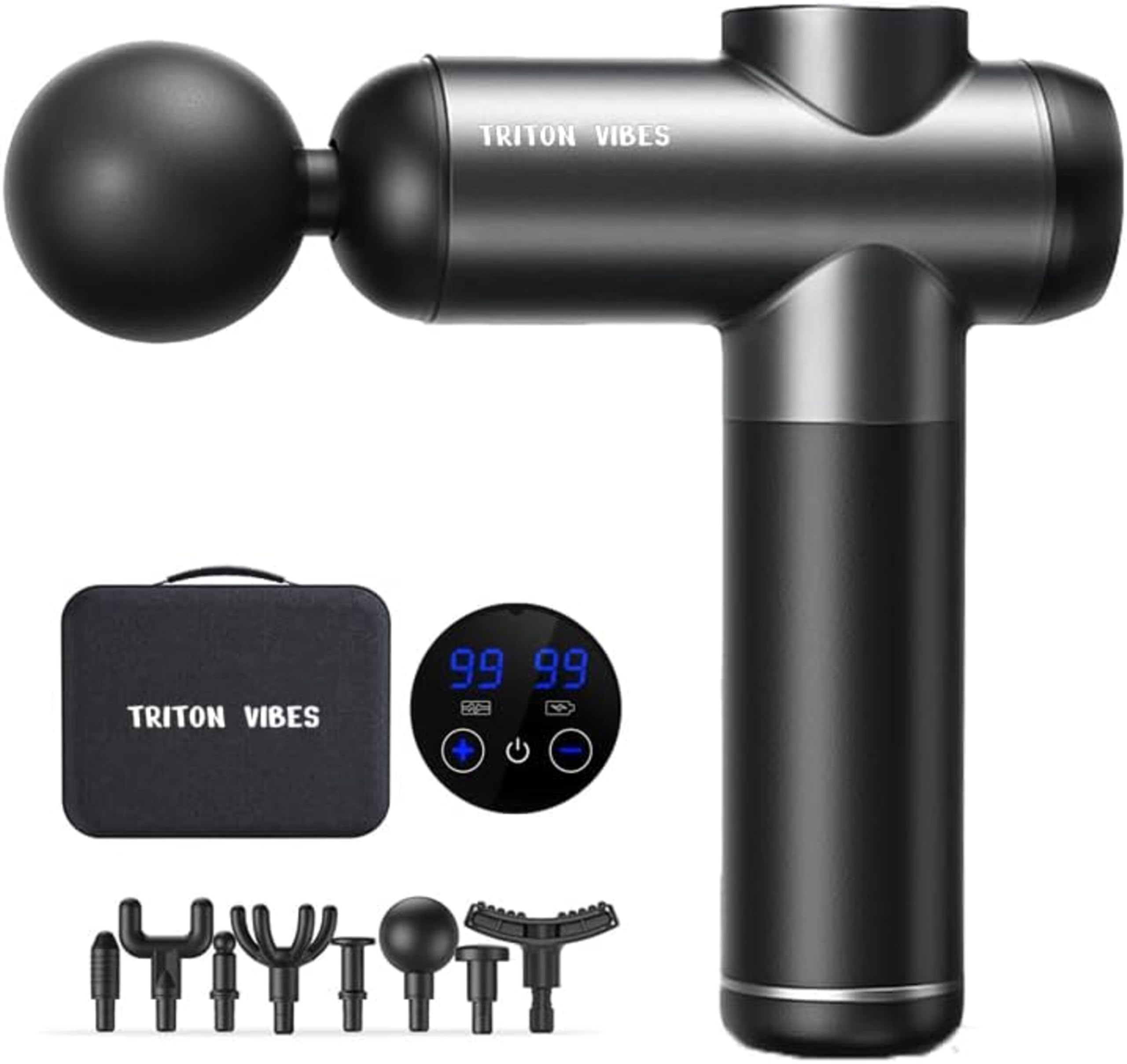 Triton Vibes Percussion Massage Gun – Deep Tissue Muscle Massager for Athletes with LCD Display, 8 Massage Heads & Portable Carrying Case for Pain Relief, Relaxation & Recovery