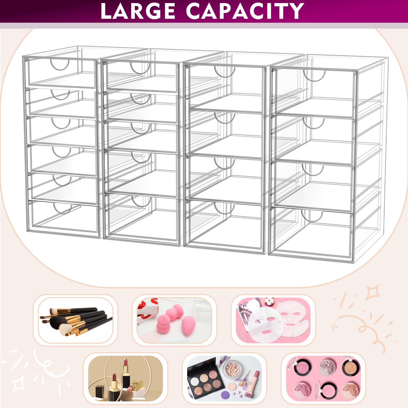 YFXCVSL Acrylic Makeup Organizer with 19 Drawers, 4 Pack Clear Storage Drawers, Bathroom Makeup Organizer for Palettes, Cosmetic, and Beauty Supplies,Ideal for Vanity, Cabinet,Desk Organization