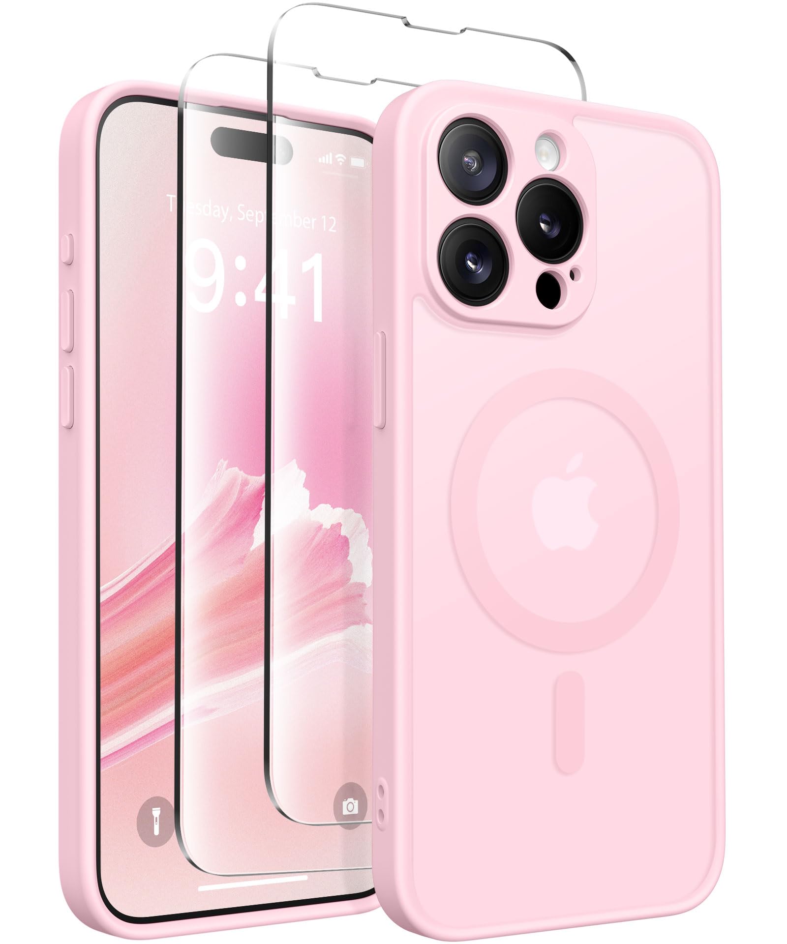 CAPRARO Magnetic for iPhone 15 Pro Max Case, [Compatible with MagSafe] [Full Camera Protection] [14FT Drop Protection] Shockproof Protective Slim Translucent Phone Case, Pastel Pink