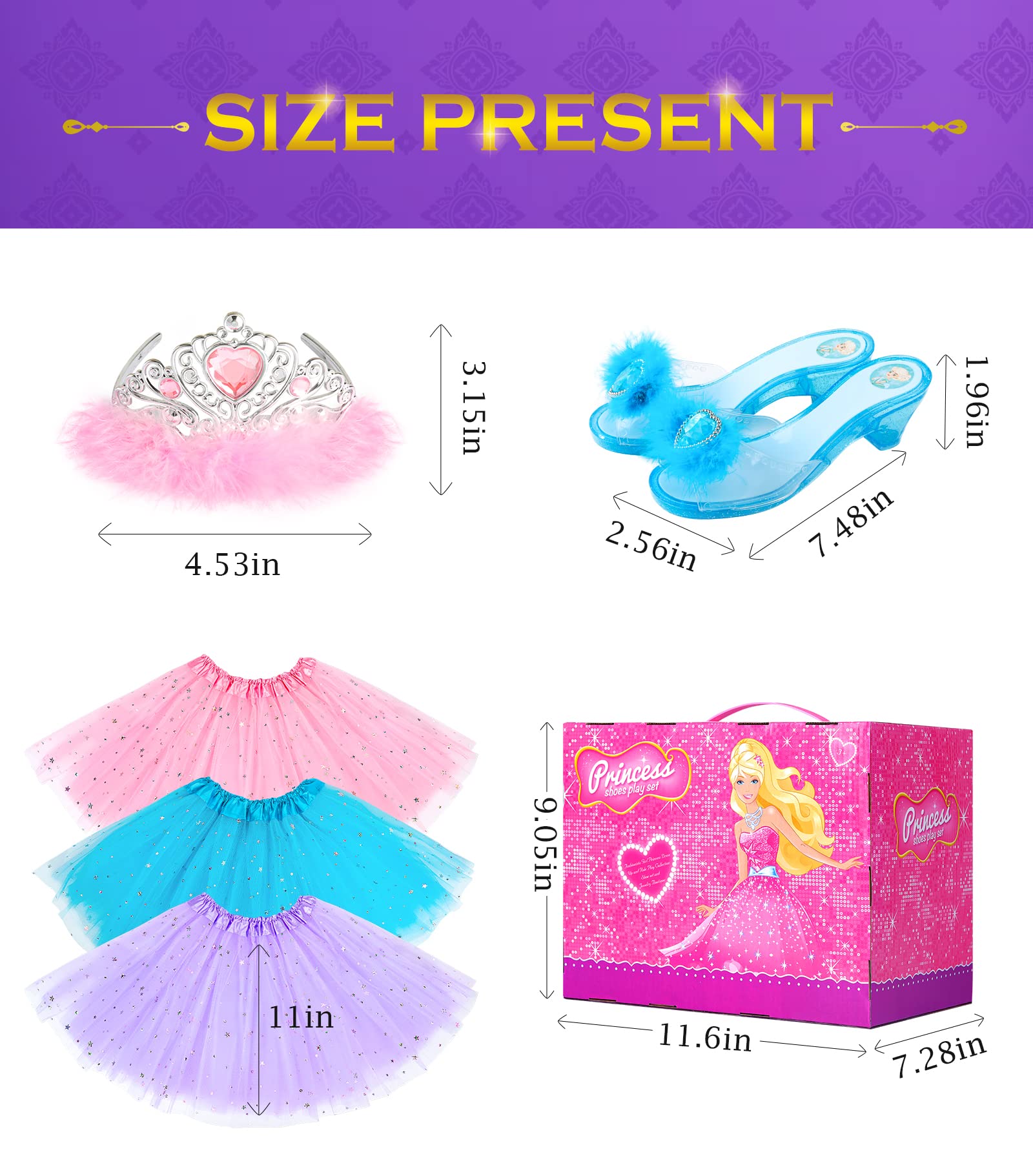 BIBUTY Princess Dress Up Shoes , Dress Up Clothes Pretend Play Costumes-3 Sets of Princess Shoes, Dresses and Crowns, Princess Accessory Toys for 3-6 yr Girl Birthday Gifts