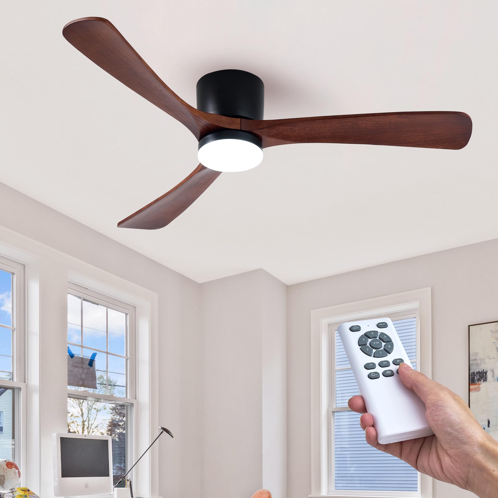 HUMHOLD 52" Wood Ceiling Fan with Lights Remote, Reversible DC Motor 6-Speed Ceiling Fan, 3 Blades Low Profile Flush Mount Ceiling Fans, Modern Ceilingfans for Low Profile, Walnut and Matte Black