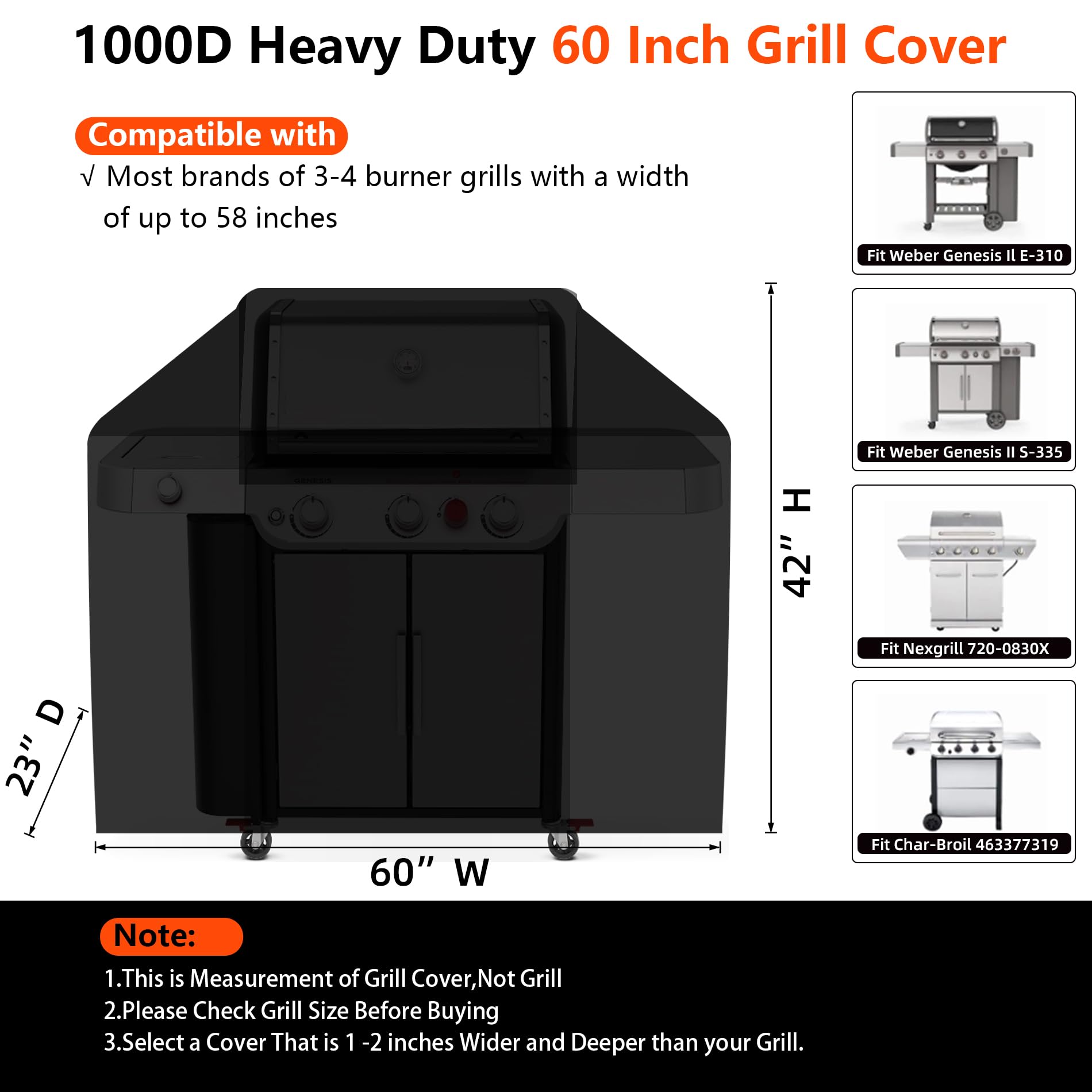 [Upgraded 1000D Heavy Duty Fabric] 60" Grill Cover for Outdoor Grill, Waterproof, Tear & Fade Resistant BBQ Cover with Buckle & Air Vent, Gas Grill Cover for 3-4 Burner Weber Nexgrill Char-Broil Grill