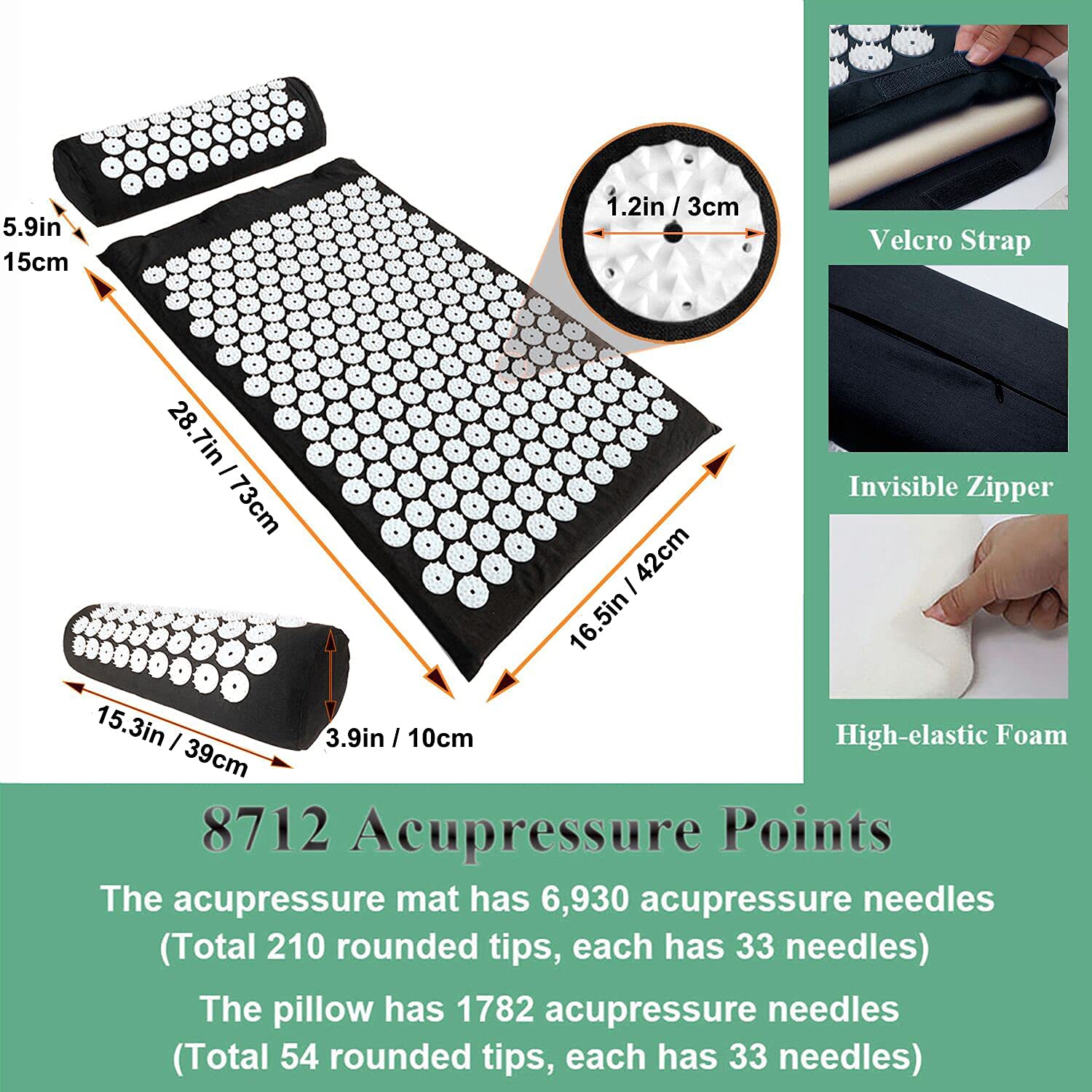 XiaoMaGe Acupressure Mat and Pillow Set with Bag - Large Size 28.7 X 16.5 inch Acupuncture Mat for Neck & Back Pain, Muscle Relaxation Stress Relief, Sciatica Pain Relief Pillow (Black)