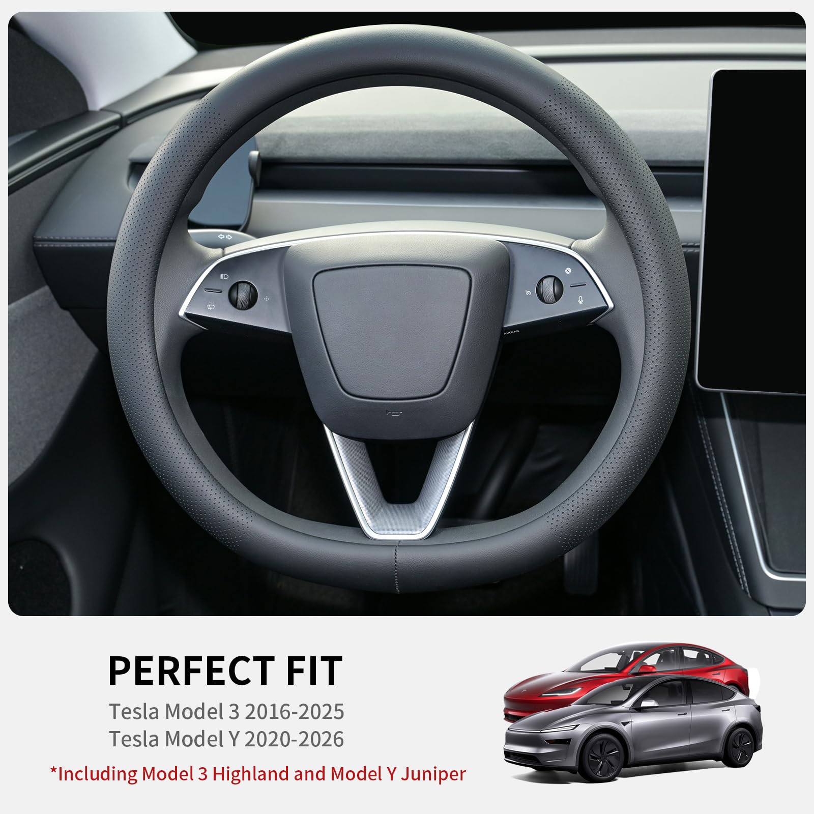 Uxcer Nappa Leather Steering Wheel Cover Compatible with Tesla Model 3/Y 2016-2025 2026 Juniper/Highland, Non-Slip Breathable Model 3/Y Steering Wheel Protector, Black