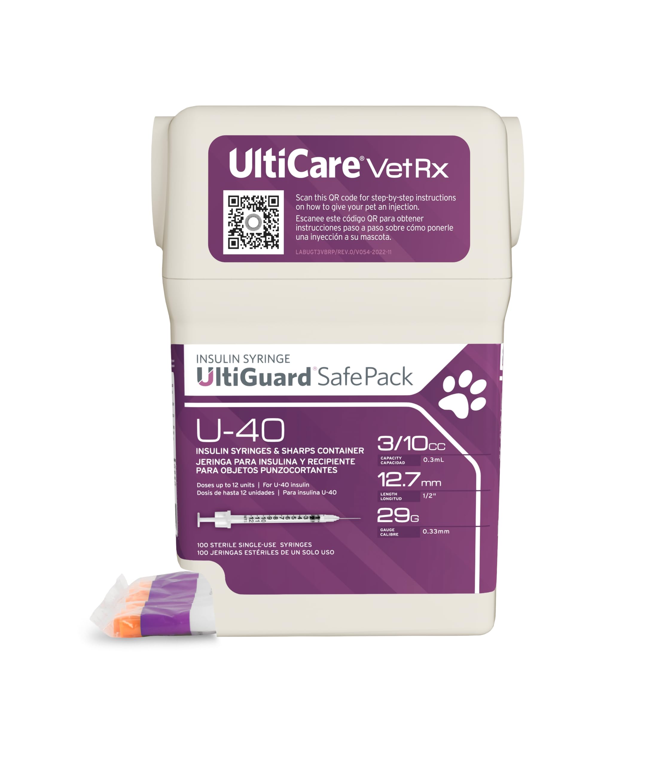 UltiCare VetRx U-40 UltiGuard Safe Pack Pet Insulin Syringes 3/10cc, 29G x 1/2", 100ct (W/o 1/2 Unit Markings)