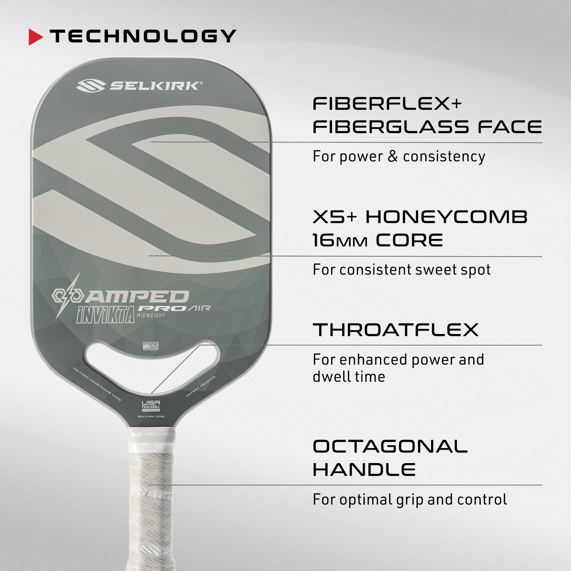 2024 Selkirk Amped Pro Air Pickleball Paddle | Fiberglass Pickleball Paddle with a Polypropylene X5+ 16mm Core | Throatflex | Flex Foam | Pickleball Rackets Made in The USA | Invikta Silver